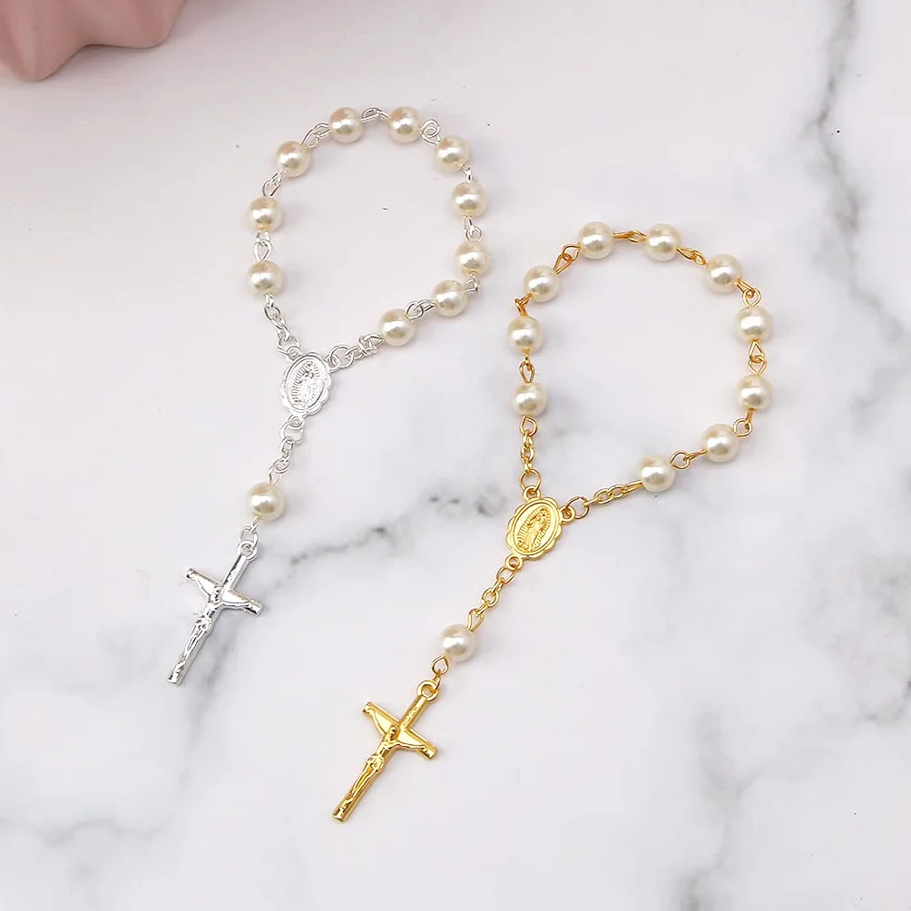 Baptême Mini Chapelet Ivoire Faux Perles Bracelet Croix