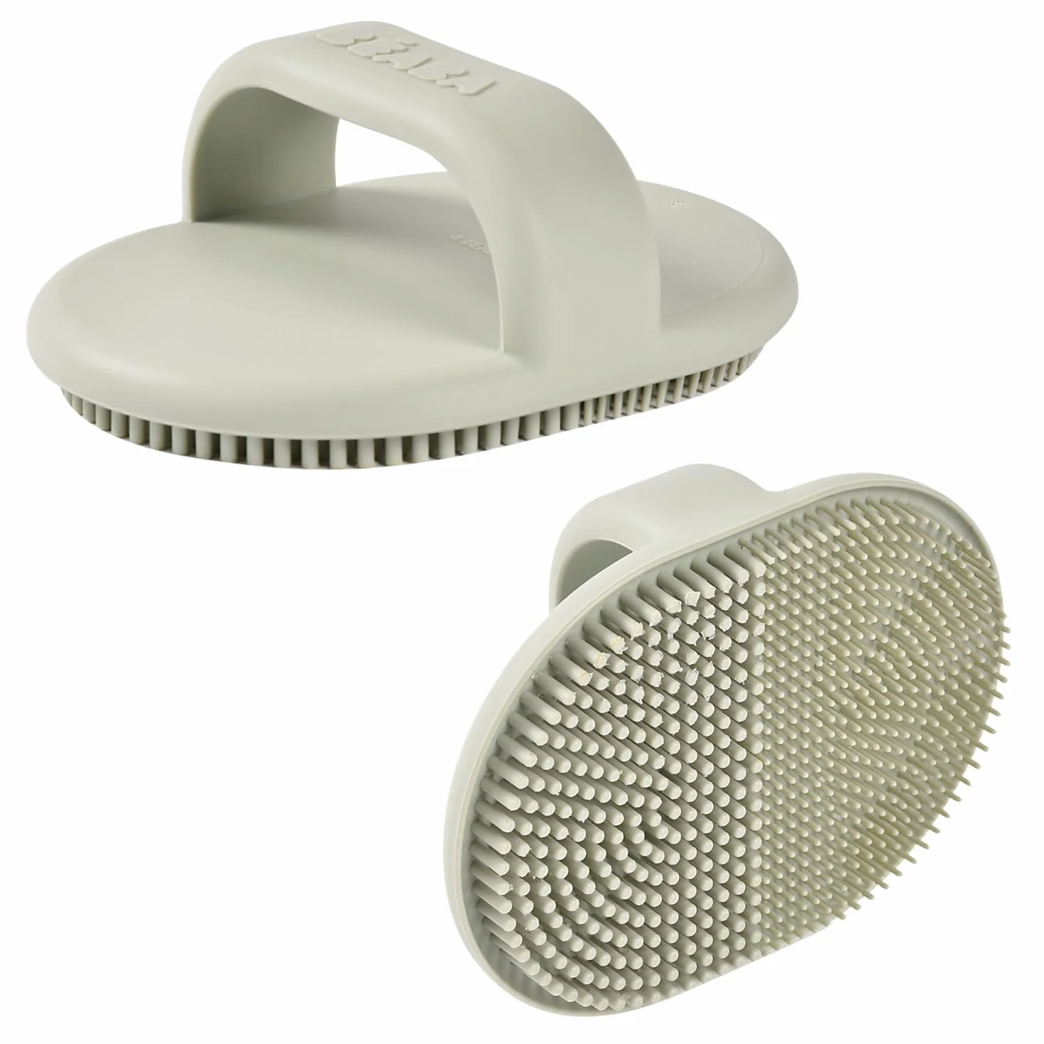 BÉABA Brosse de Bain Bébé Silicone 2 Côtés Poils Fin Masser Poils Épais Croûtes de Lait Doux Vert de Gris