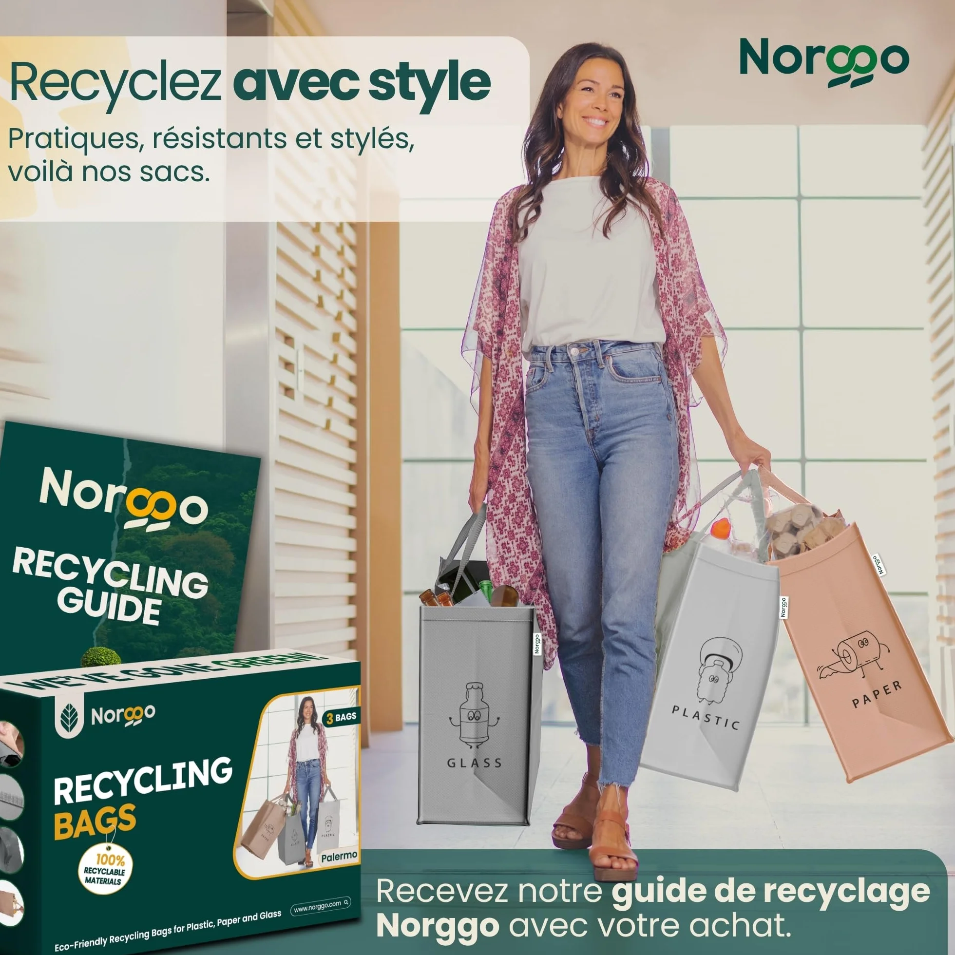 Poubelle tri selectif 3 bacs 40L avec poignée pour plastique, papier et verre