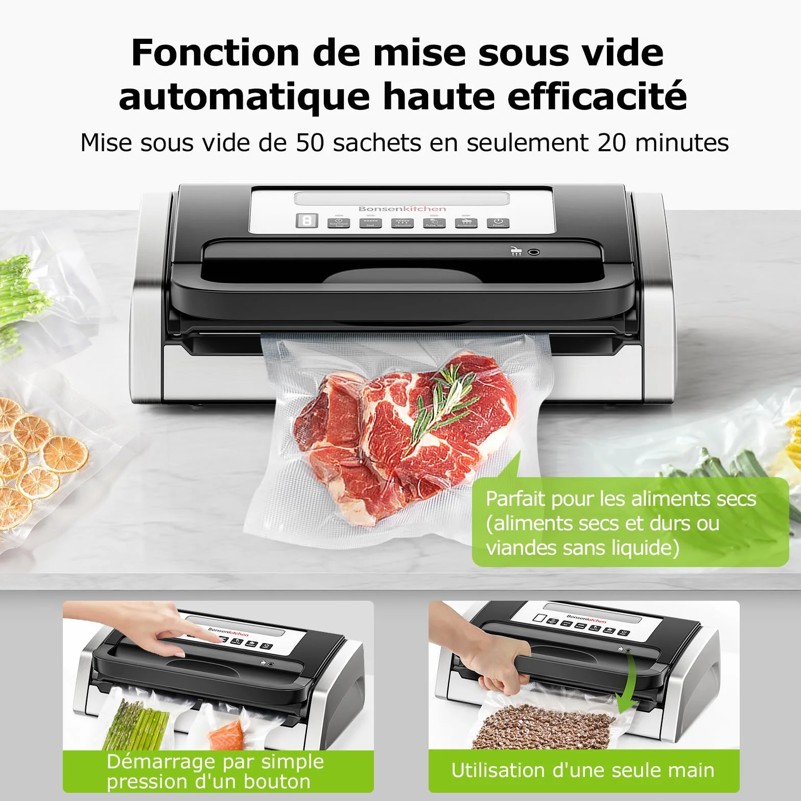 Machine Sous Vide Alimentaire Bonsenkitchen Globefish, Silencieuse, Poignée Verrouillée, Noir