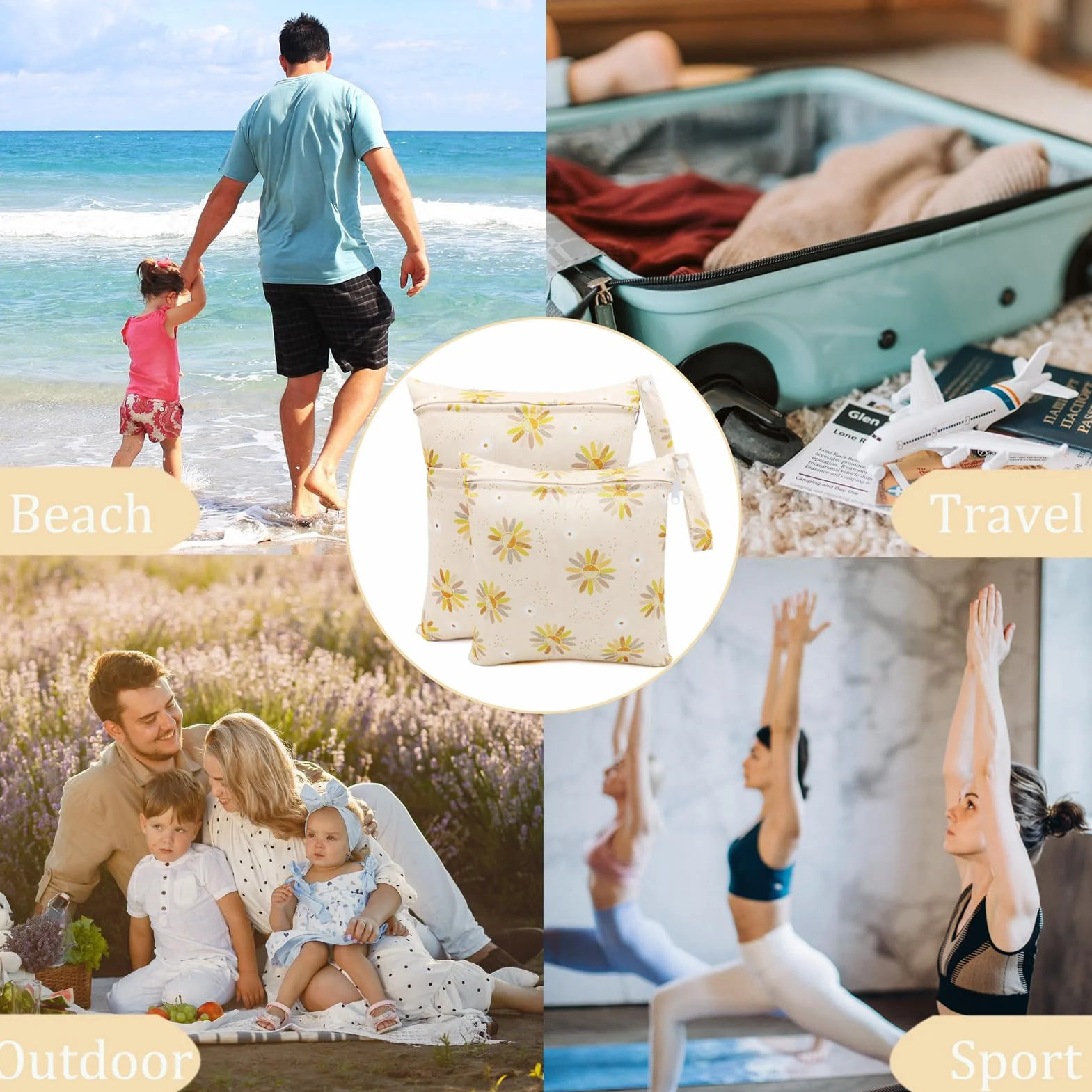 Sac Couches Lavables 3 Pcs Réutilisable Wetbag Sachet Etanche Organisateur de Couche Accrochable (Fleur Jaune)