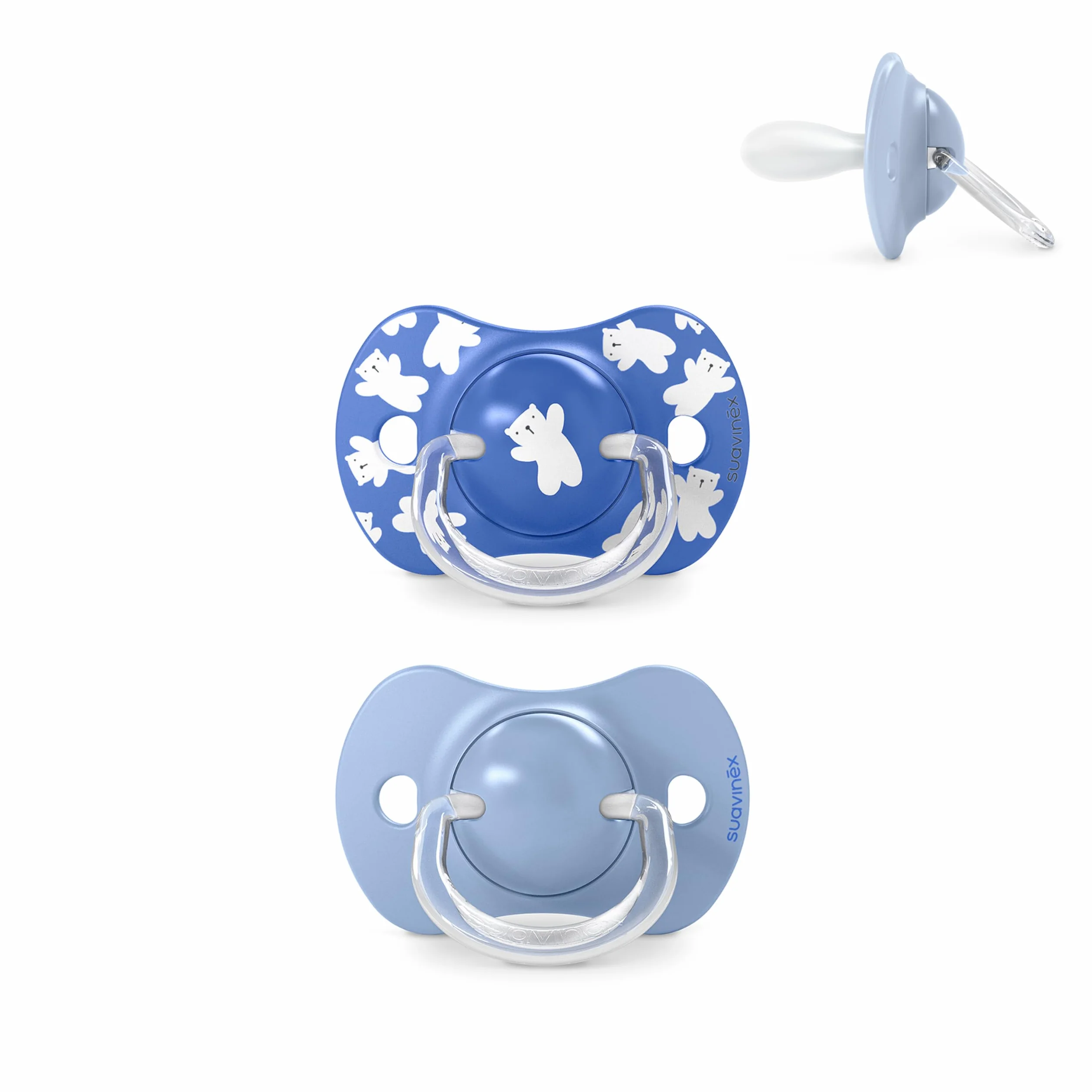 Suavinex Lot 2 Sucettes Bébés +18 Mois Tétine Symétrique SX Pro Silicone Plate Flexible Réversible Wild&Free Bleu