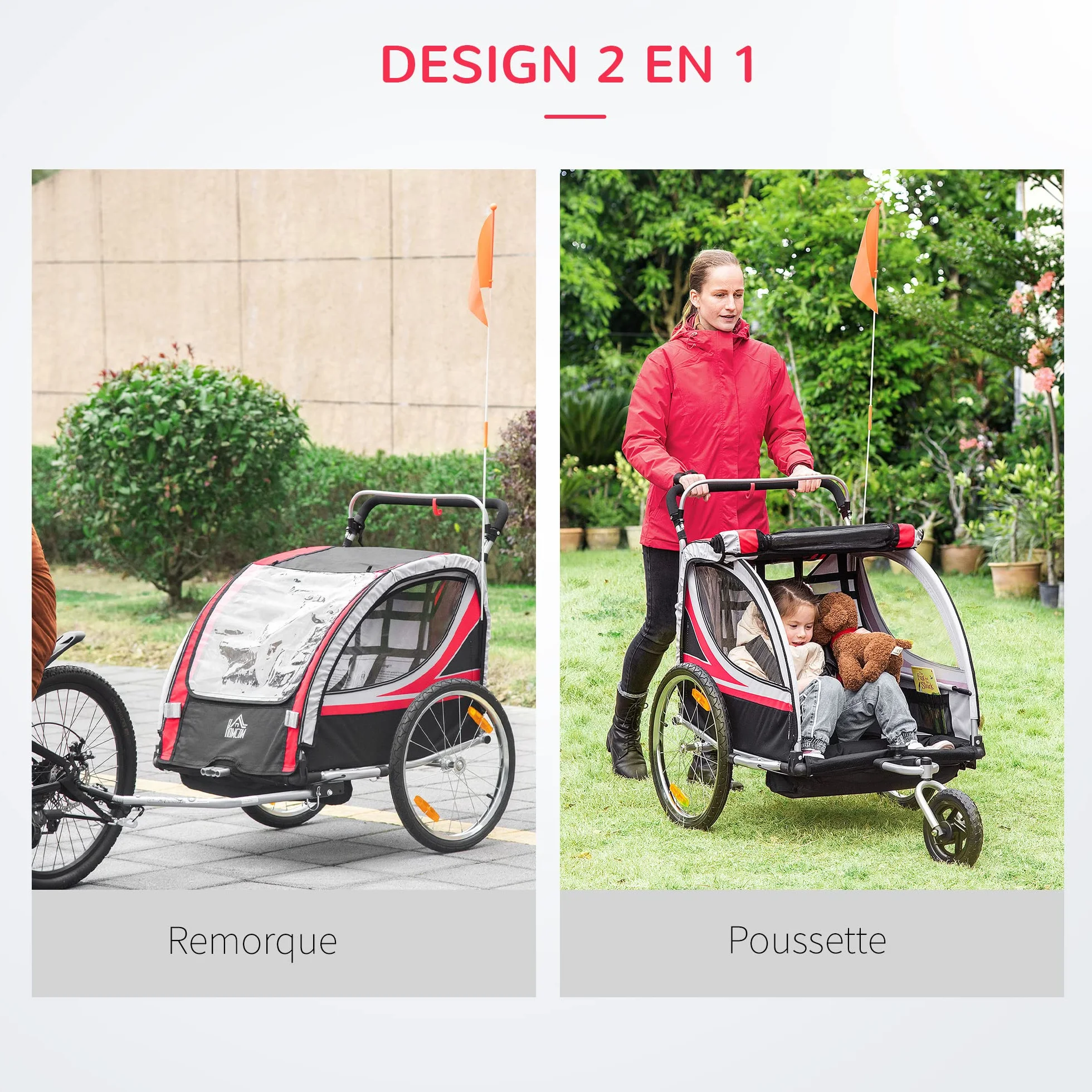 HOMCOM Remorque vélo enfant 2 en 1 convertible jogger poussette 26,4 kg 2 places