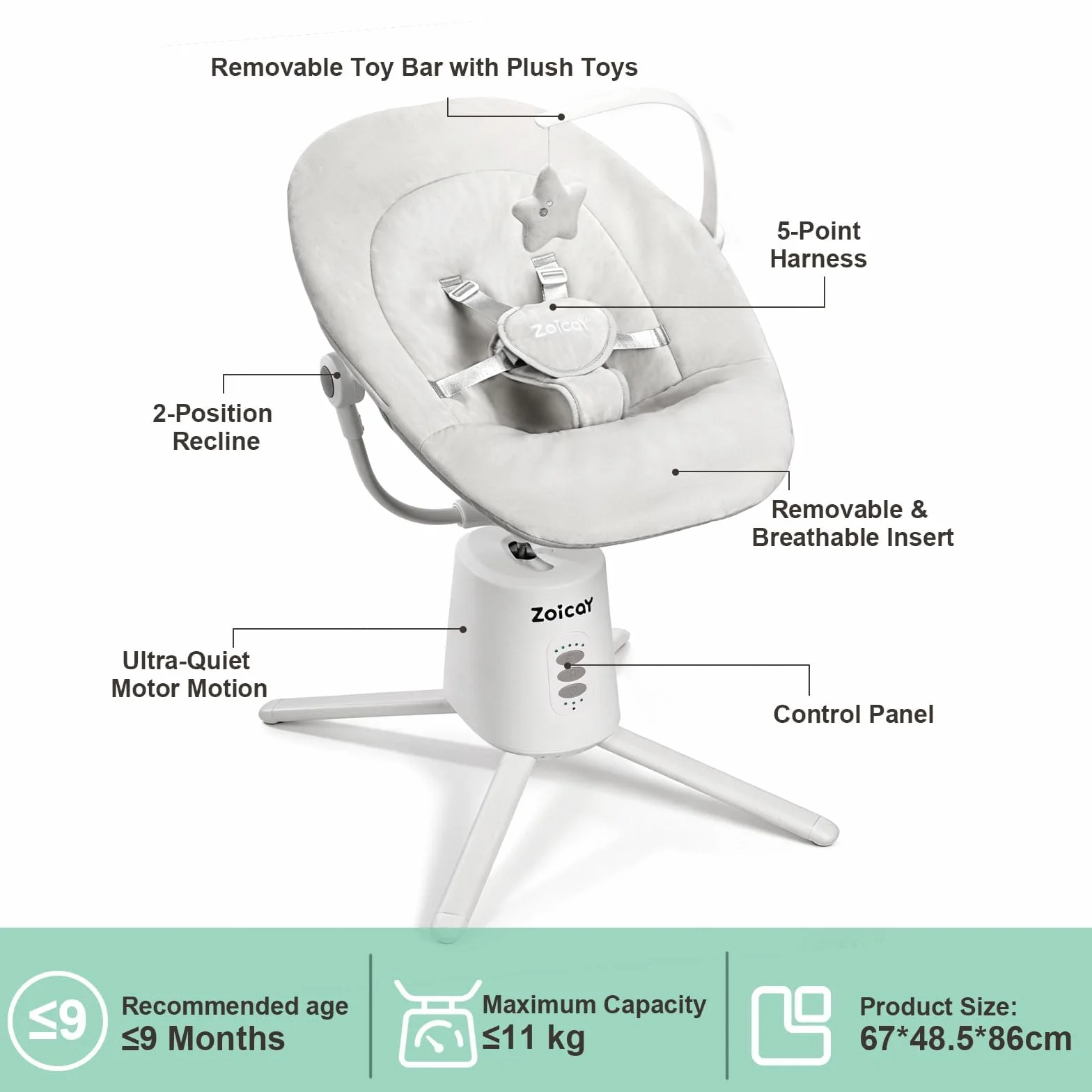 Transat Bébé Électrique Zoicay Balancelle 3 Modes Inclinaison Réglable Bluetooth Télécommande Blanc