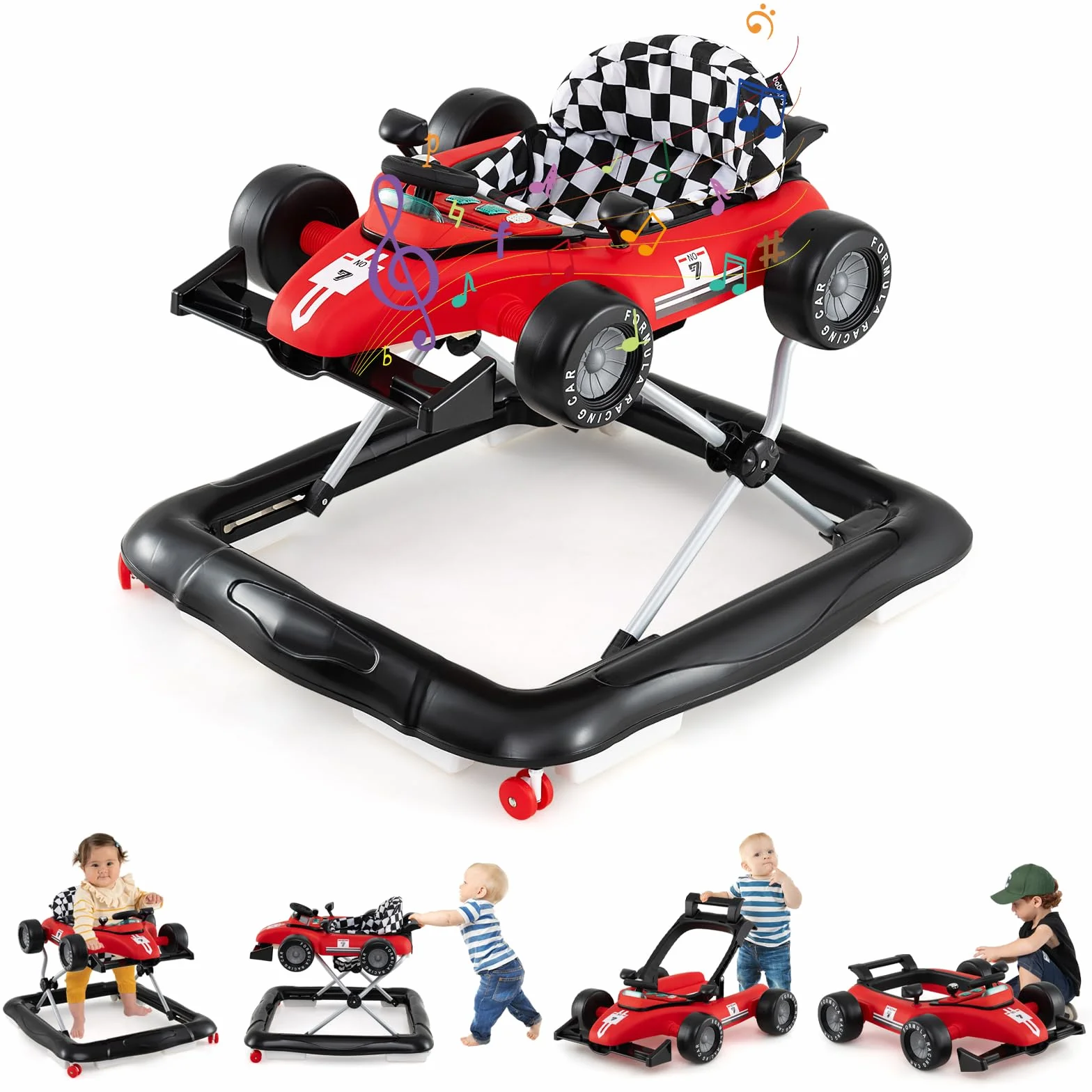 COSTWAY Trotteur Bébé Garçon Fille 3 Hauteur Réglable Pliable Évolutif Boîte à Musique Amovible Volant Roues Silencieuses Charge 12kg 6-18 Mois