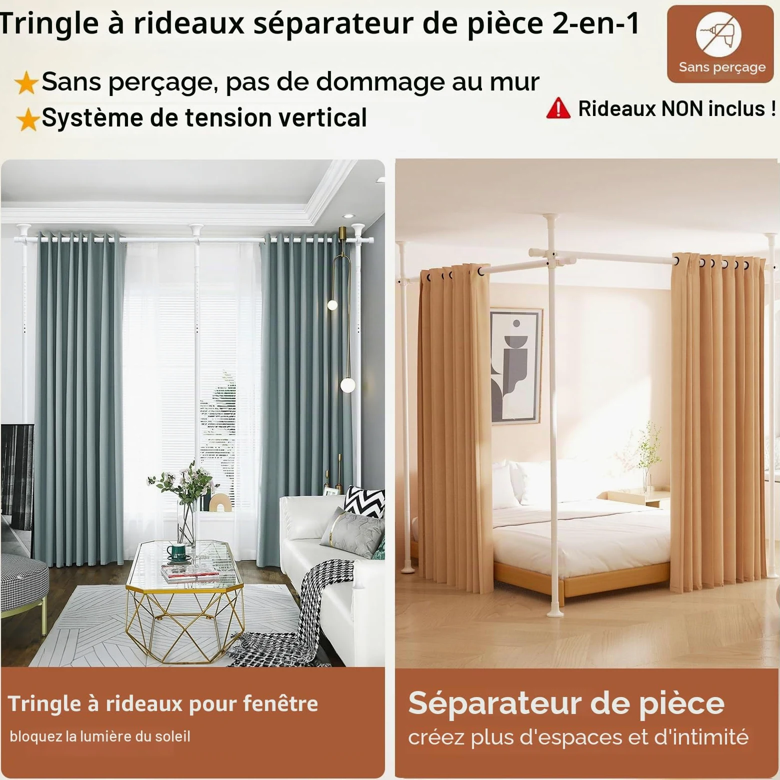 Tringle à rideaux sans perçage, 1,2 à 3 m (H) 71,1 à 289,6 cm (l) réglable et robuste – Séparateurs de pièce – Sans dommages pour cloison d'espace – Blanc
