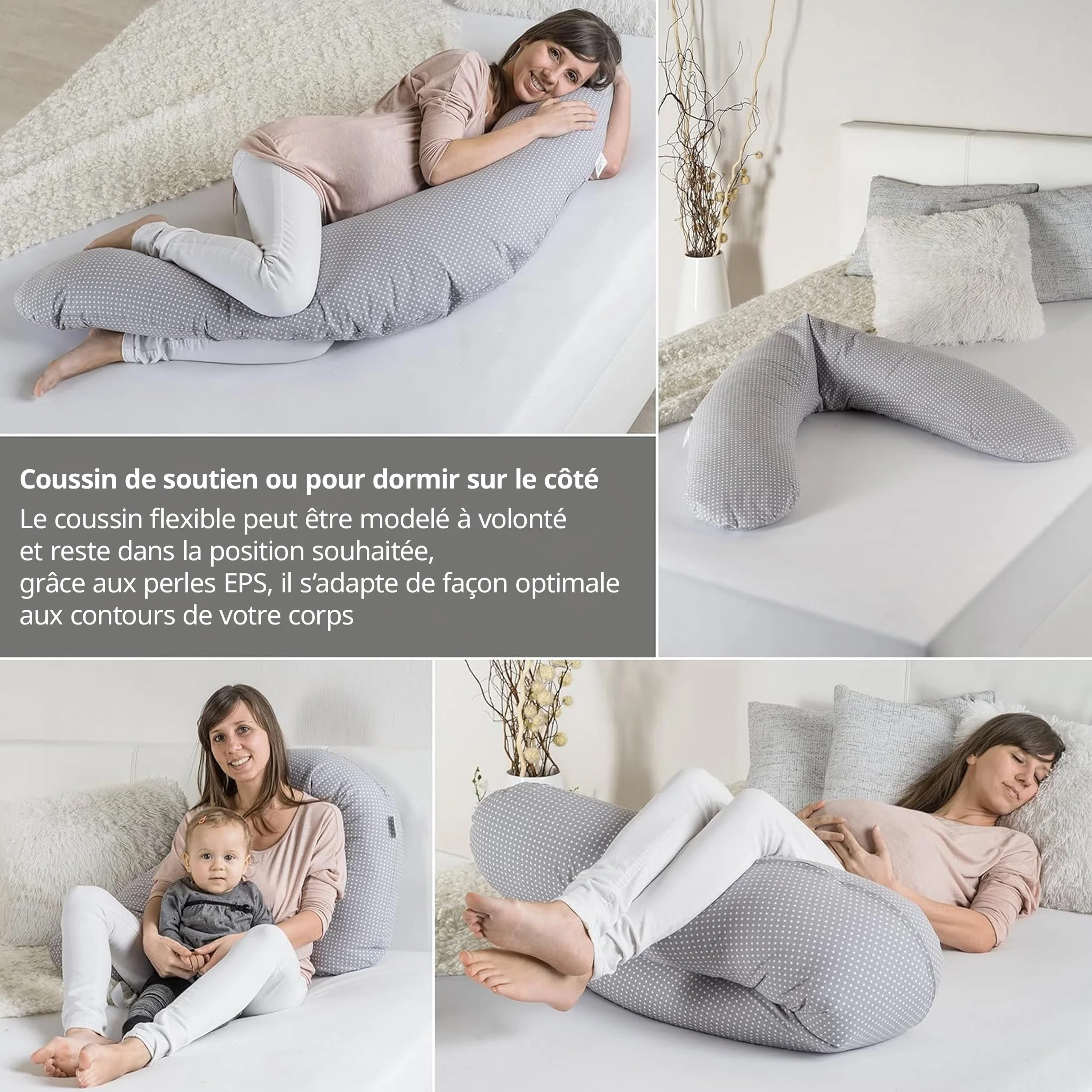 Theraline Coussin Allaitement Dodo Pillow Premium 180 cm Housse Coton Fines Billes Silencieuses Déhoussable Pois Gris