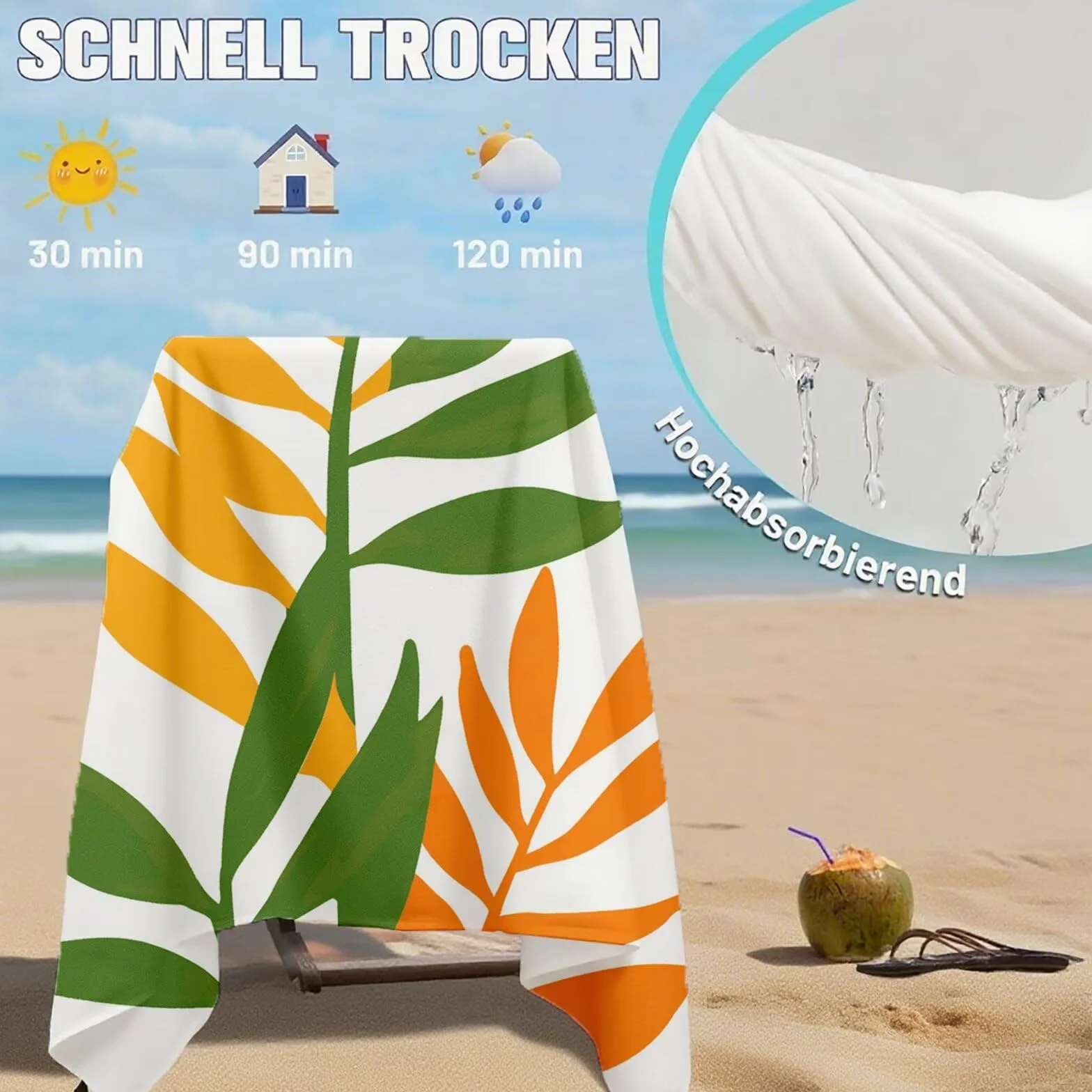 Serviette de Plage XXL 90x200,Feuille Serviette Plage Microfibre avec Séchage Rapide, Anti-Sable, Absorbante Fonction Design pour Vacances Piscine Pique-Nique Voyages Yoga, Cadeau Femme 2 Pack Q-752