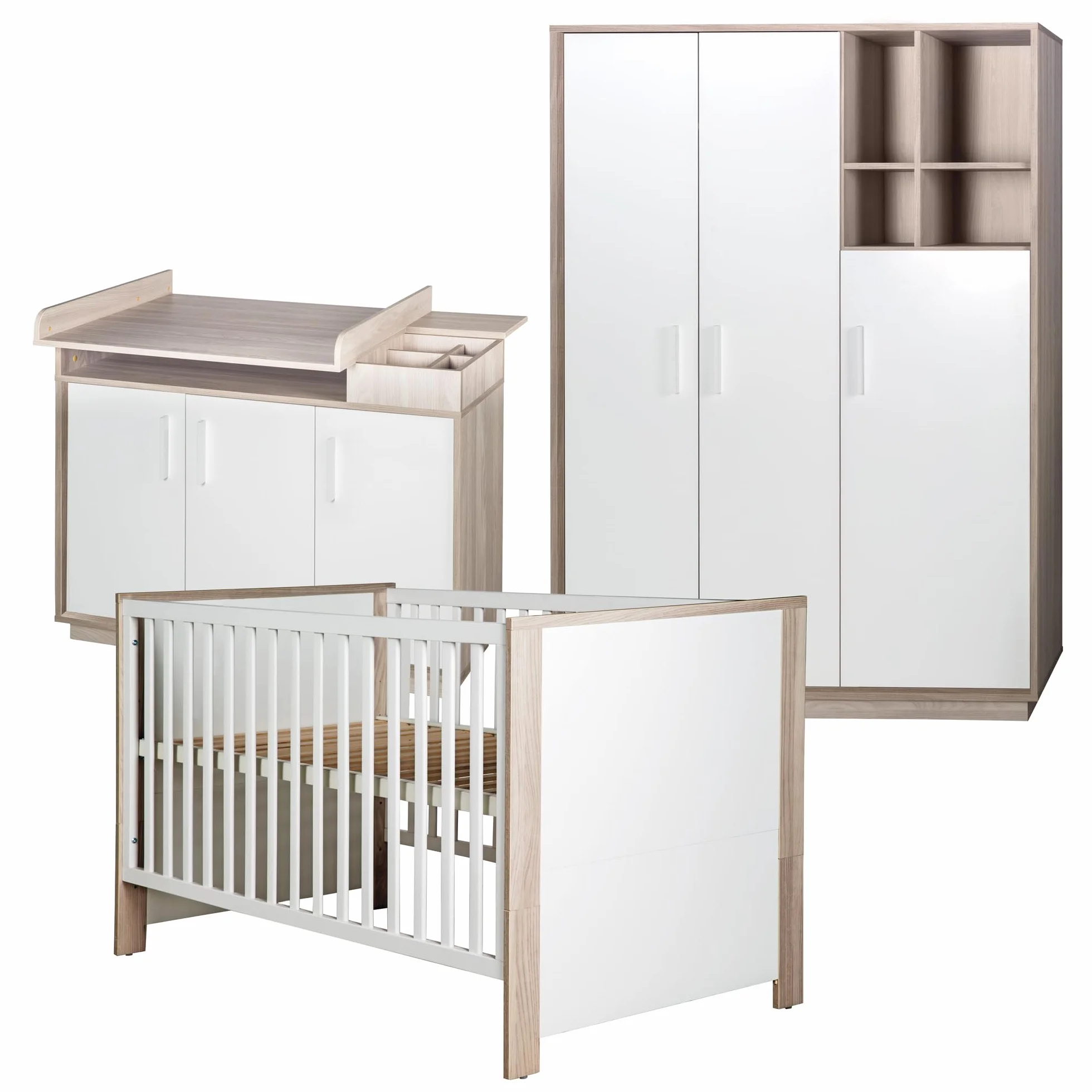 Chambre Bébé Complète Olaf Lit Évolutif 70 x 140 cm Commode à Langer Armoire 3 Portes Blanc Décor Bois