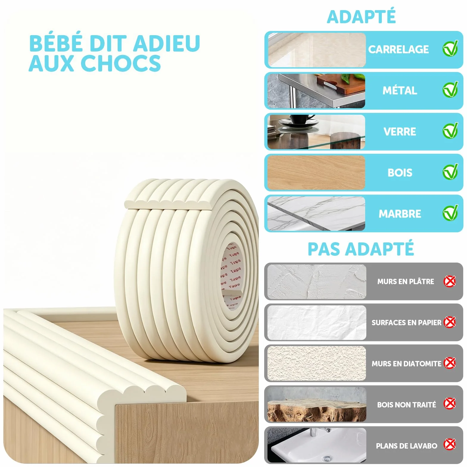 shinfly Protection Coin de Table en Mousse pour bébé, 500cm x 80mm x 8mm Mousse épaisse et Douce Protection des Bords de Meubles, Protection des Bords autocollante pour Bébé/Enfants Kits Blanc Cassé