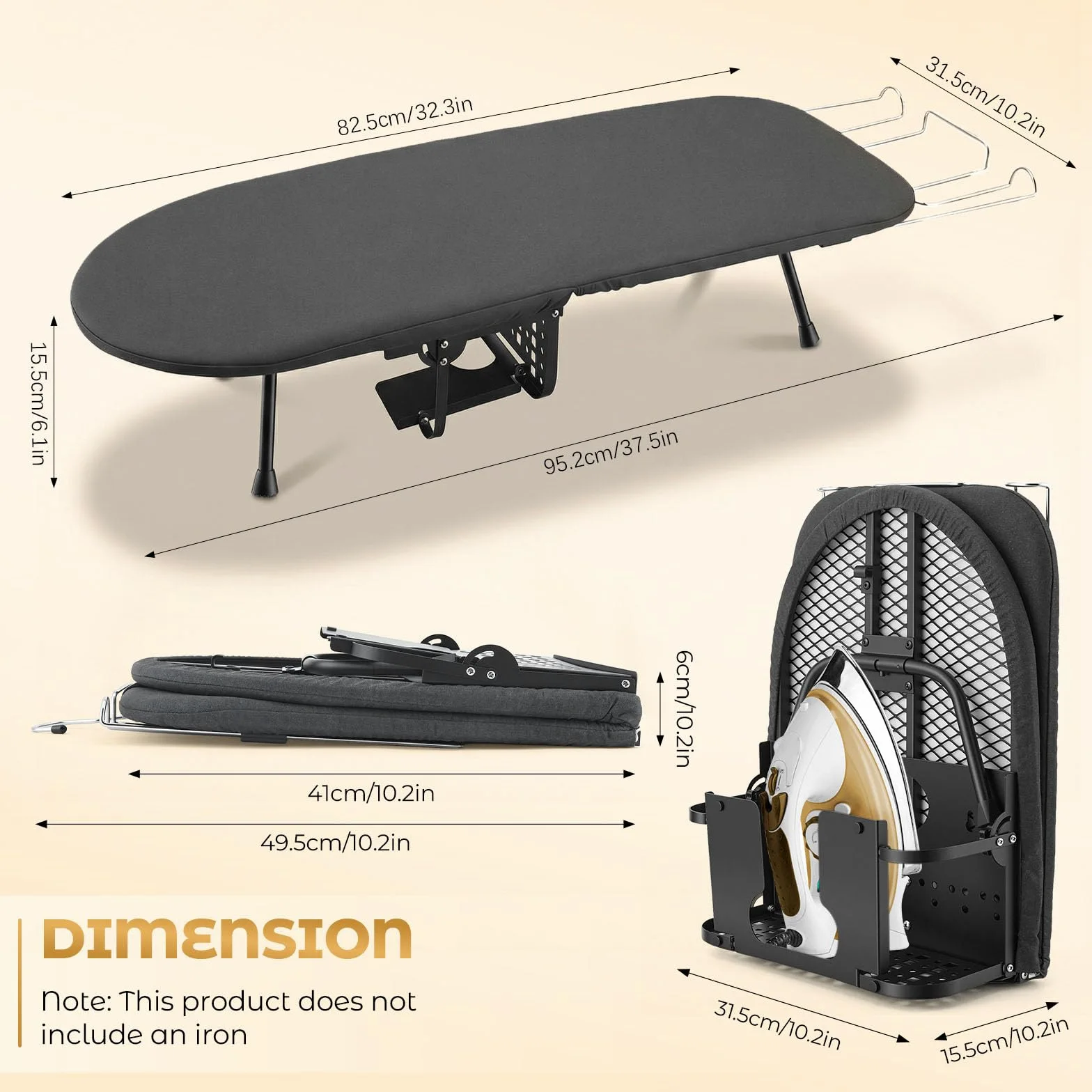 Table à repasser pliable peu encombrante, petite planche à repasser pliable avec repose-fer et support, pieds antidérapants et crochets, table à repasser compacte avec housse en coton, 95 x 31,5 cm