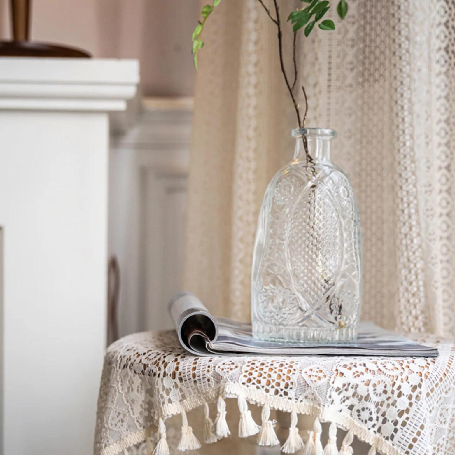 Tospass Vintage Style Rideau Boho Bohème Rideaux Beige Semi-Transparent avec Gland 2 pièce Rideaux Extérieur Coton pour Salon Chambre Rideaux Moderne 150x160 cm