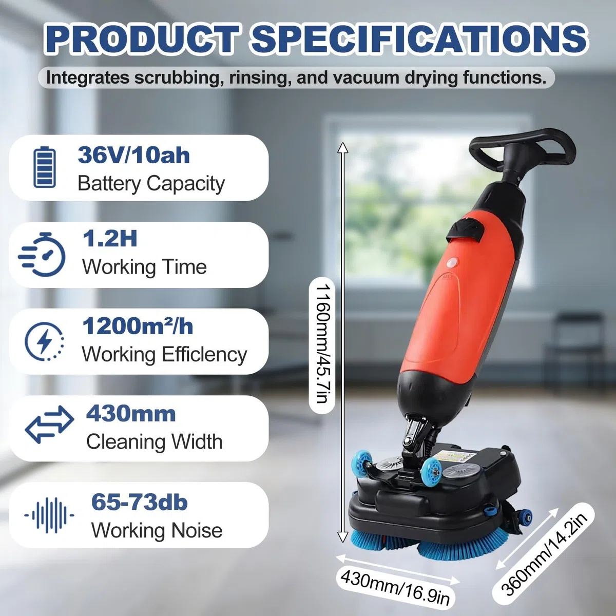 Polisseuse de sol 360 tr/min, nettoyeur électrique léger de 43,2 cm, pour la maison et le bureau, couverture 13 000 m²/h