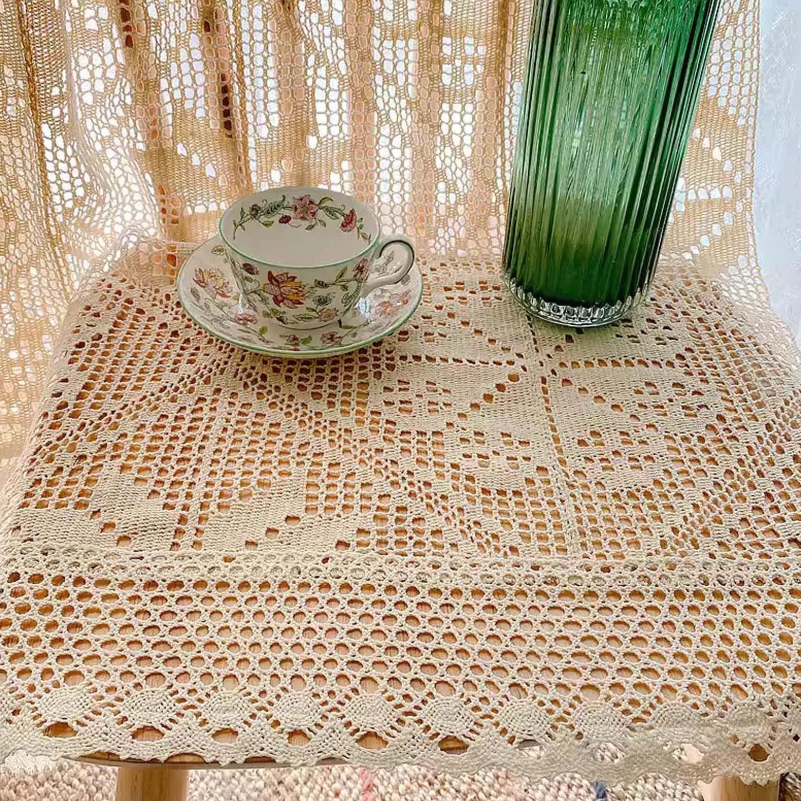 Rideau Transparent en Dentelle Bohème, Rideaux de Fenêtre en Coton Et Lin avec Passe-Tringle, Rideau à Motif Géométrique Rustique Beige avec Pompon pour Salon, Chambre à Coucher, 1 Panneau