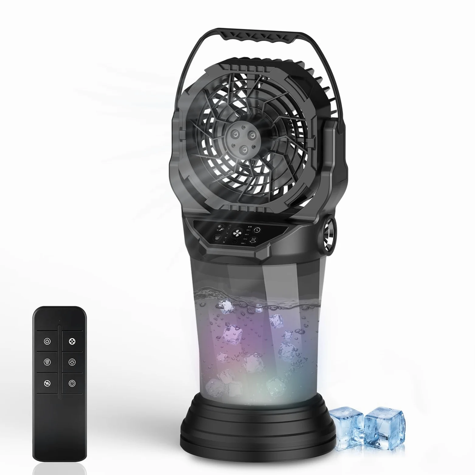 GHORA Ventilateur brumisateur portable, 25 000 mAh à piles rechargeables pour terrasses extérieures, ventilateur à brume oscillante de 60 heures avec télécommande, réservoir d'eau de 2 L et RVB pour
