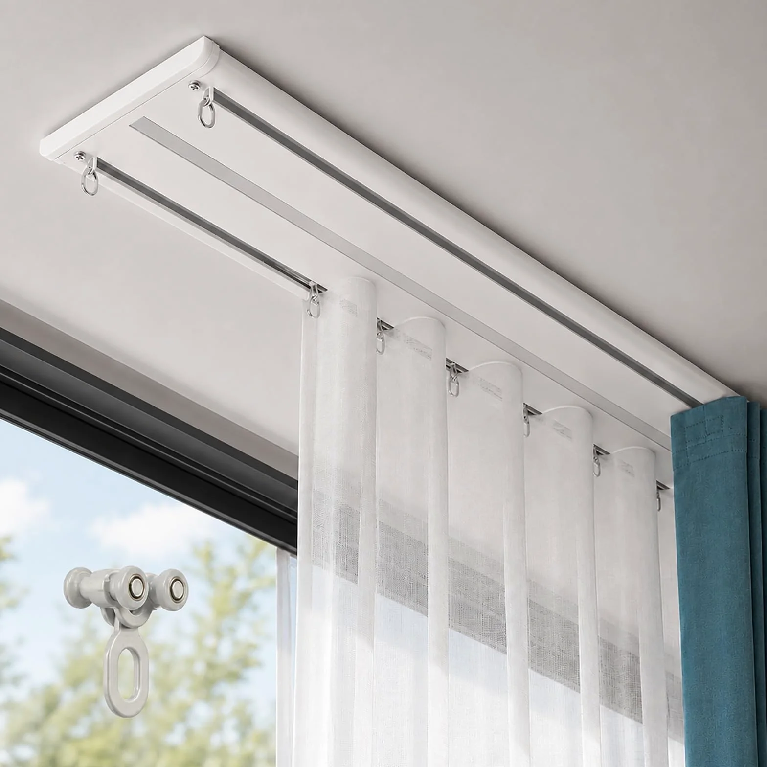 Tringle Rideau Extra-Plat Plafond, Rail de Rideau Double 2 Voies en Aluminium Robuste, Système Coulissant Silencieux, Salon, Séparateur de Pièce, 150-500cm, Finition Blanc