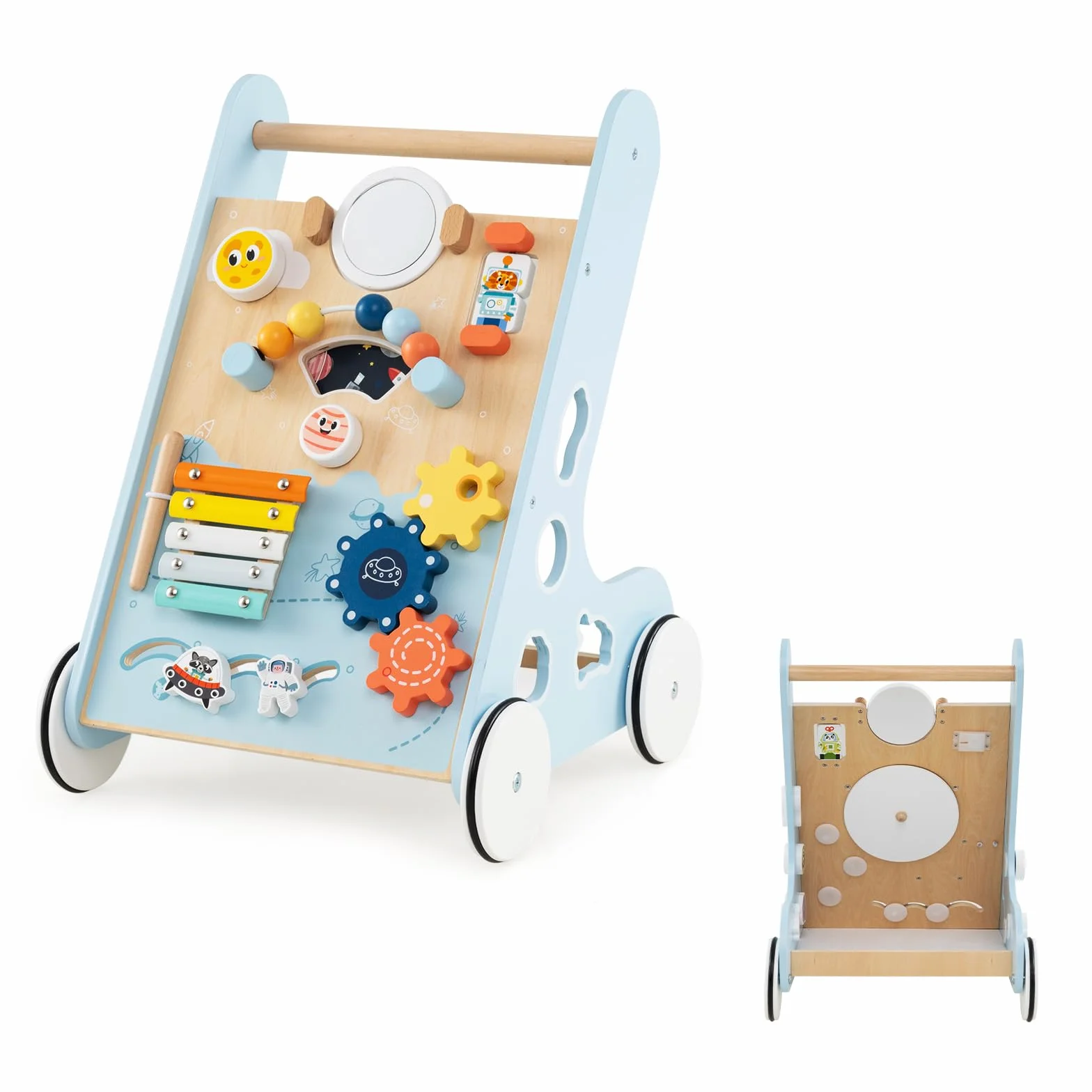 LIFEZEAL Chariot de Marche Bébé en Bois, Trotteur Evolutif 8 en 1, Centre d'activité avec Xylophone en métal, Jouet éducatif, Marcheur pour Bebe 1+ an (bleu)