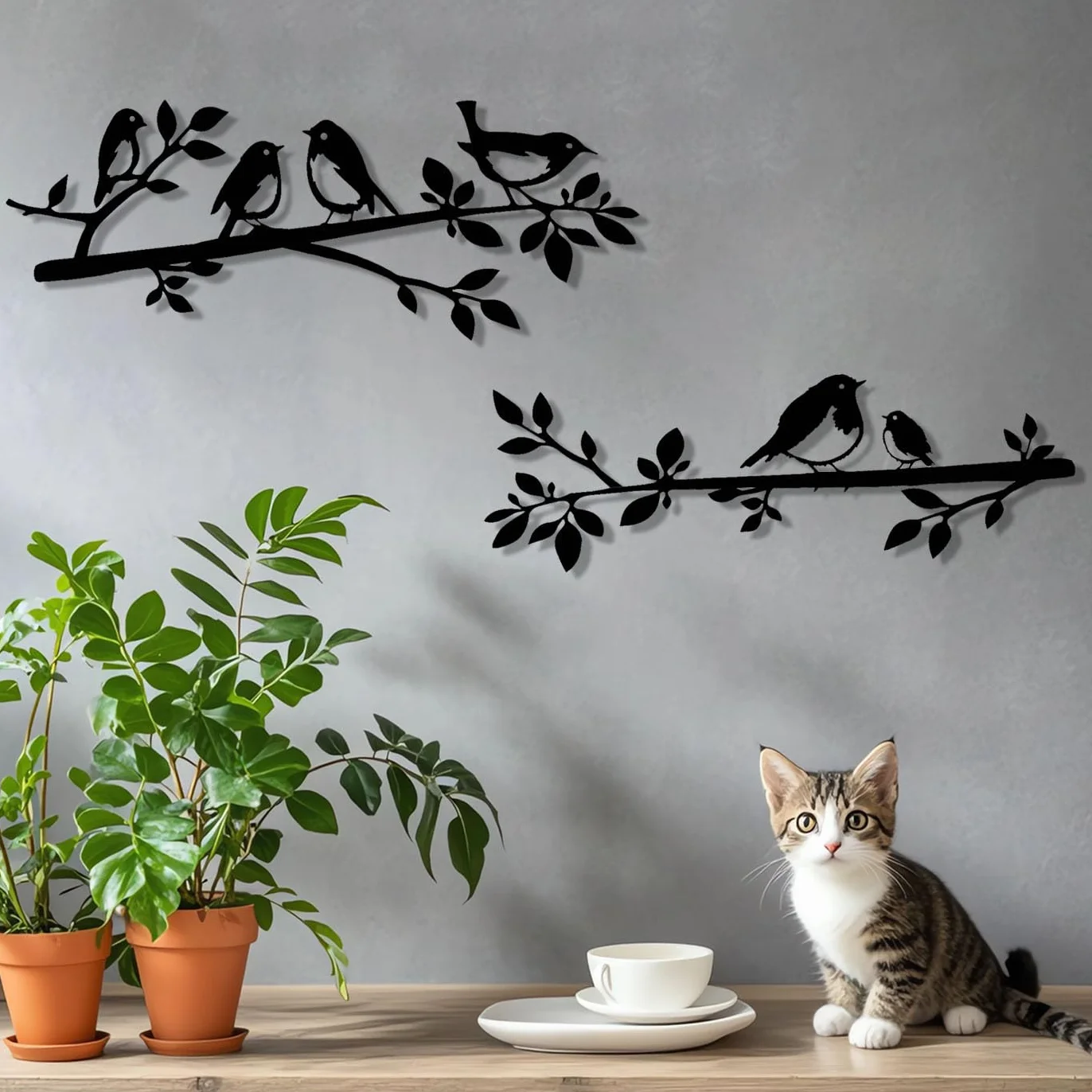 Oiseaux Muraux en Métal Décoration Murale Feuilles Silhouette pour Jardin Balcon (2)