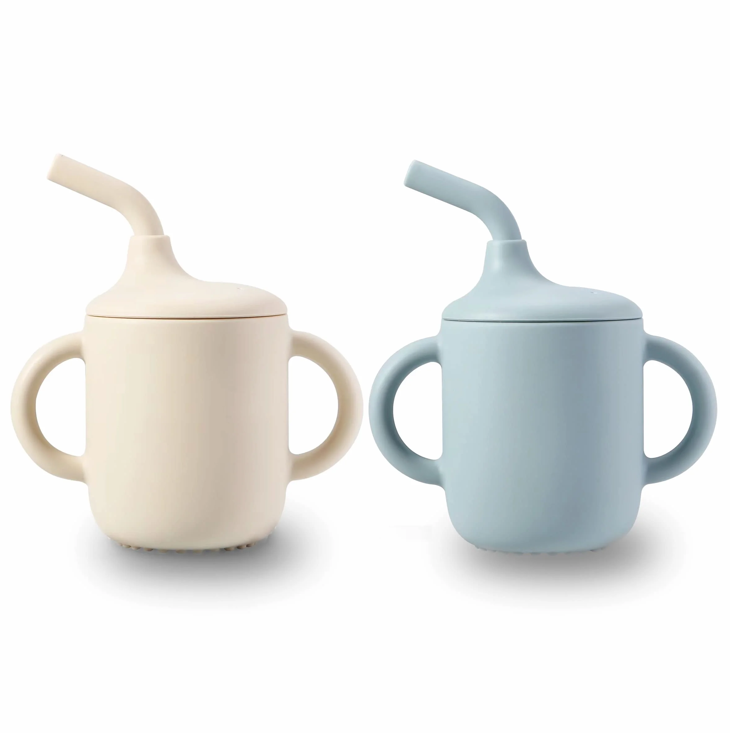 PandaEar Lot de 2 Gobelets d'Entraînement en Silicone 100% pour Bébé avec Poignées et Paille - Bleu/Gris