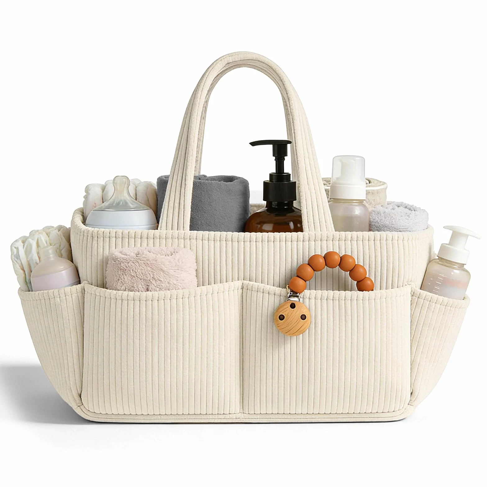 Panier à langer en velours côtelé pour table à langer, organiseur de couches bébé avec compartiments interchangeables (Blanc cassé)