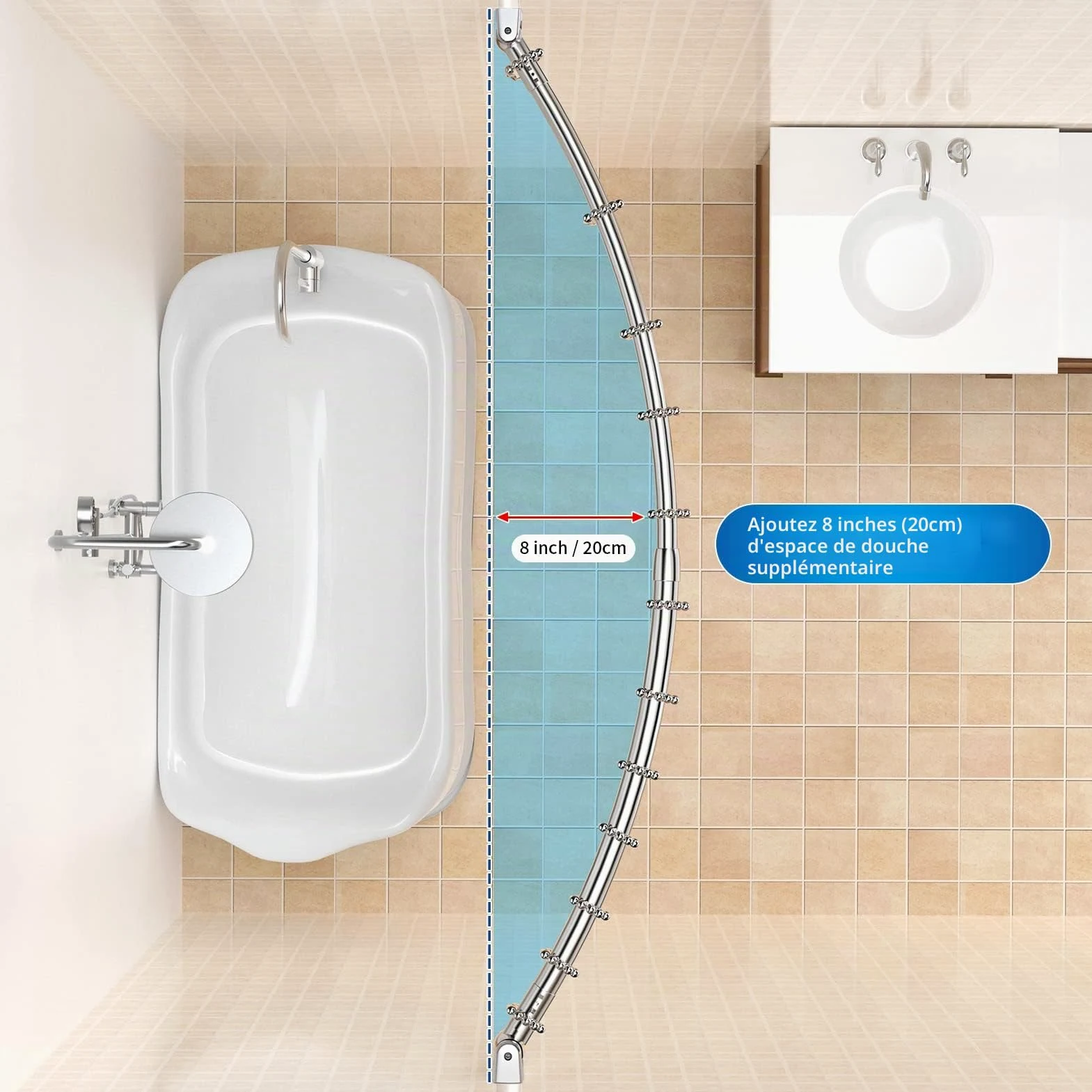 Tringle à rideau de douche incurvée réglable et extensible en acier inoxydable de 110 à 180 cm, design télescopique exquis personnalisable pour salle de bain, besoin de percer.