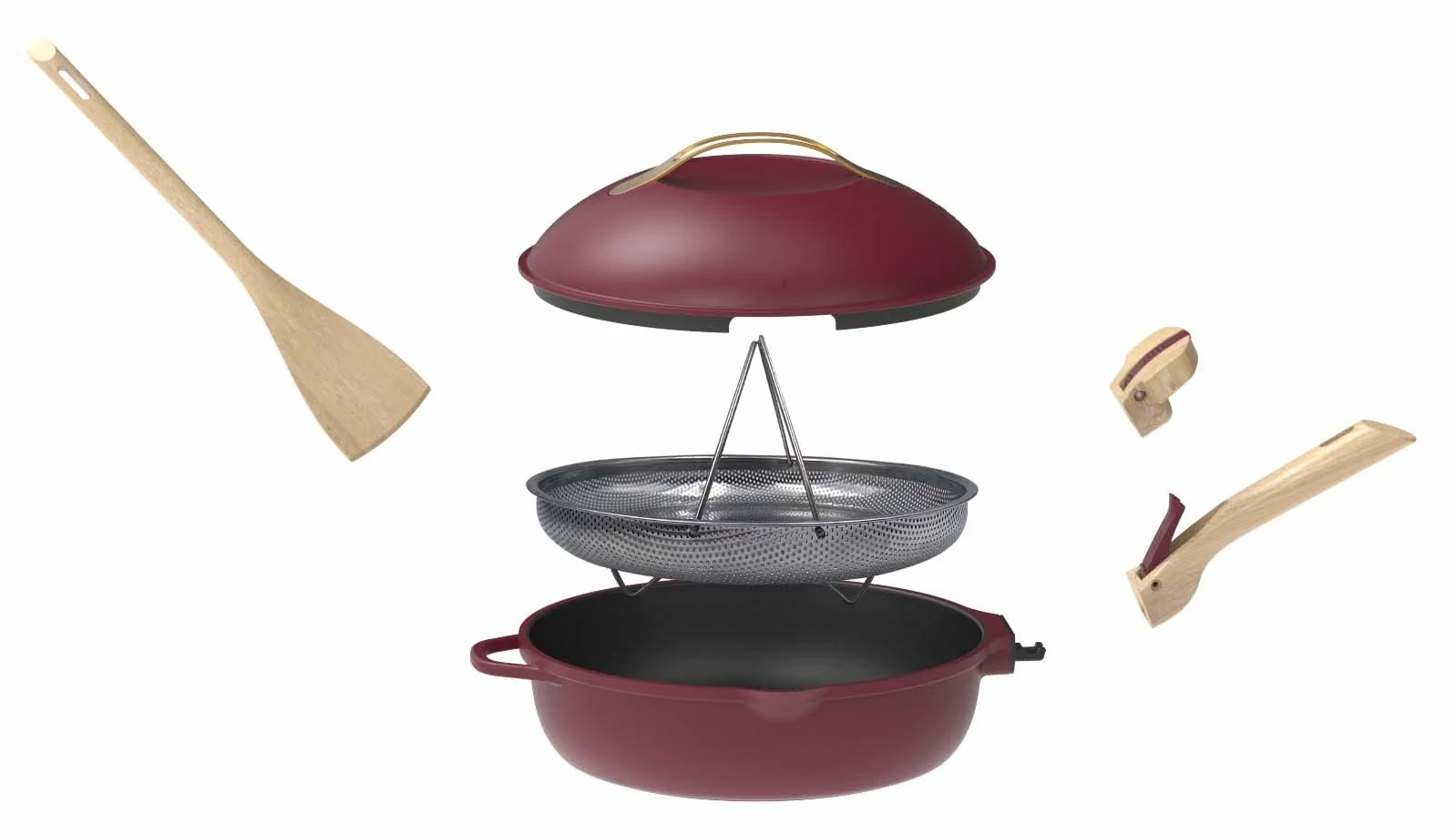 COOKUT La Fabuleuse poêle 8 en 1 - ustensile multifonction avec poignées amovibles, panier vapeur, spatule en bois RUBIS
