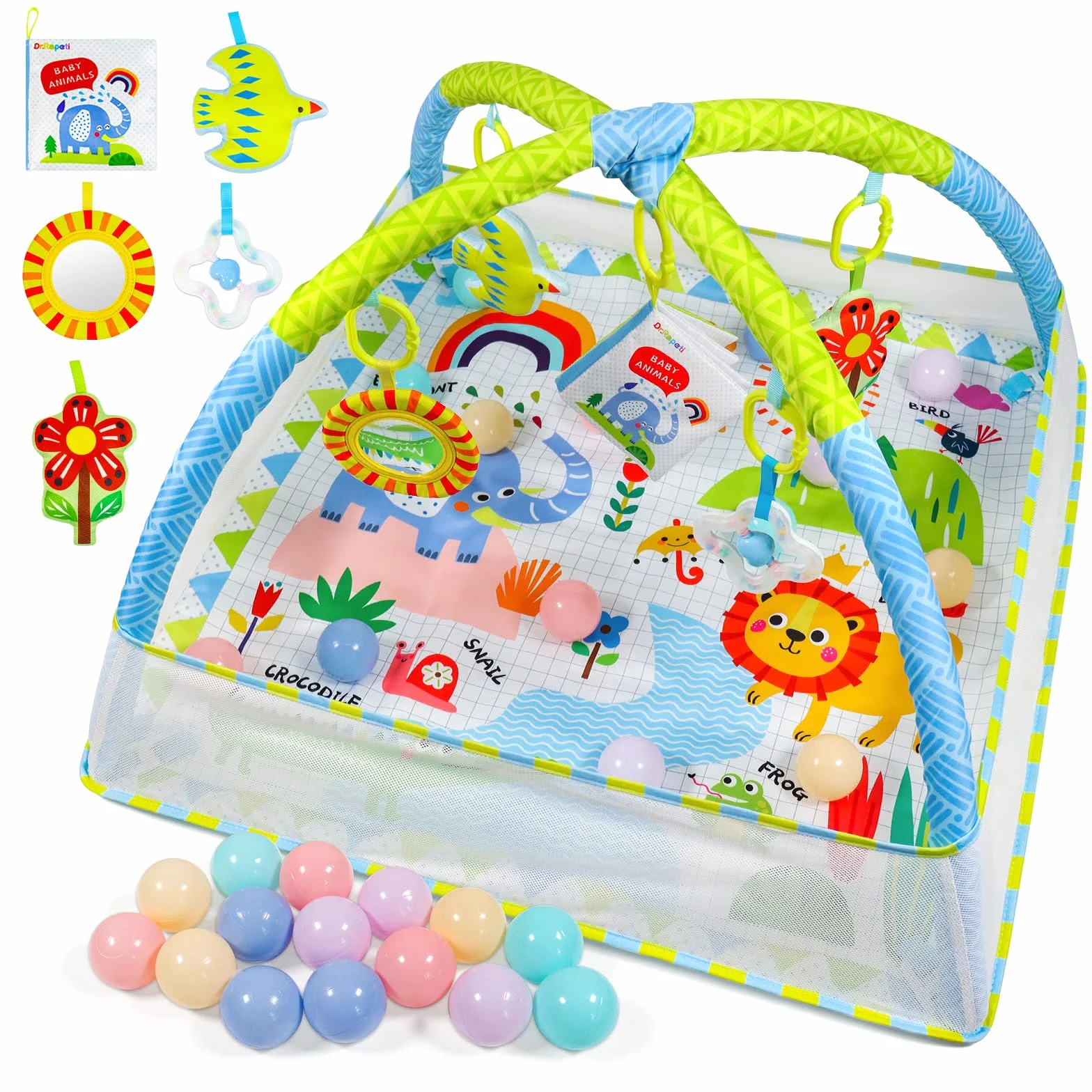 Dr.Rapeti Tapis d'éveil Bébé avec Arche, Jouets Amovibles, Miroir, Livre en Tissu, Balles