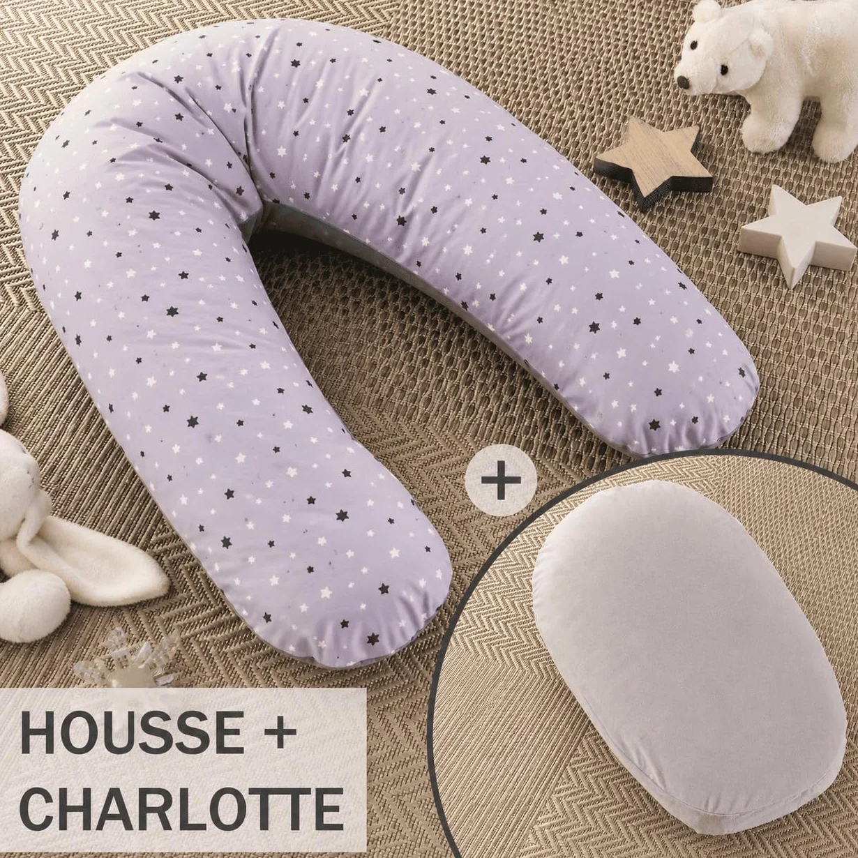 Coussin de Maternité Évolutif 3 en 1 Babysom Pack XXL 170cm - Coussin d'allaitement + Housse Étoile Gris + Charlotte Polaire - Certifié Oeko-Tex