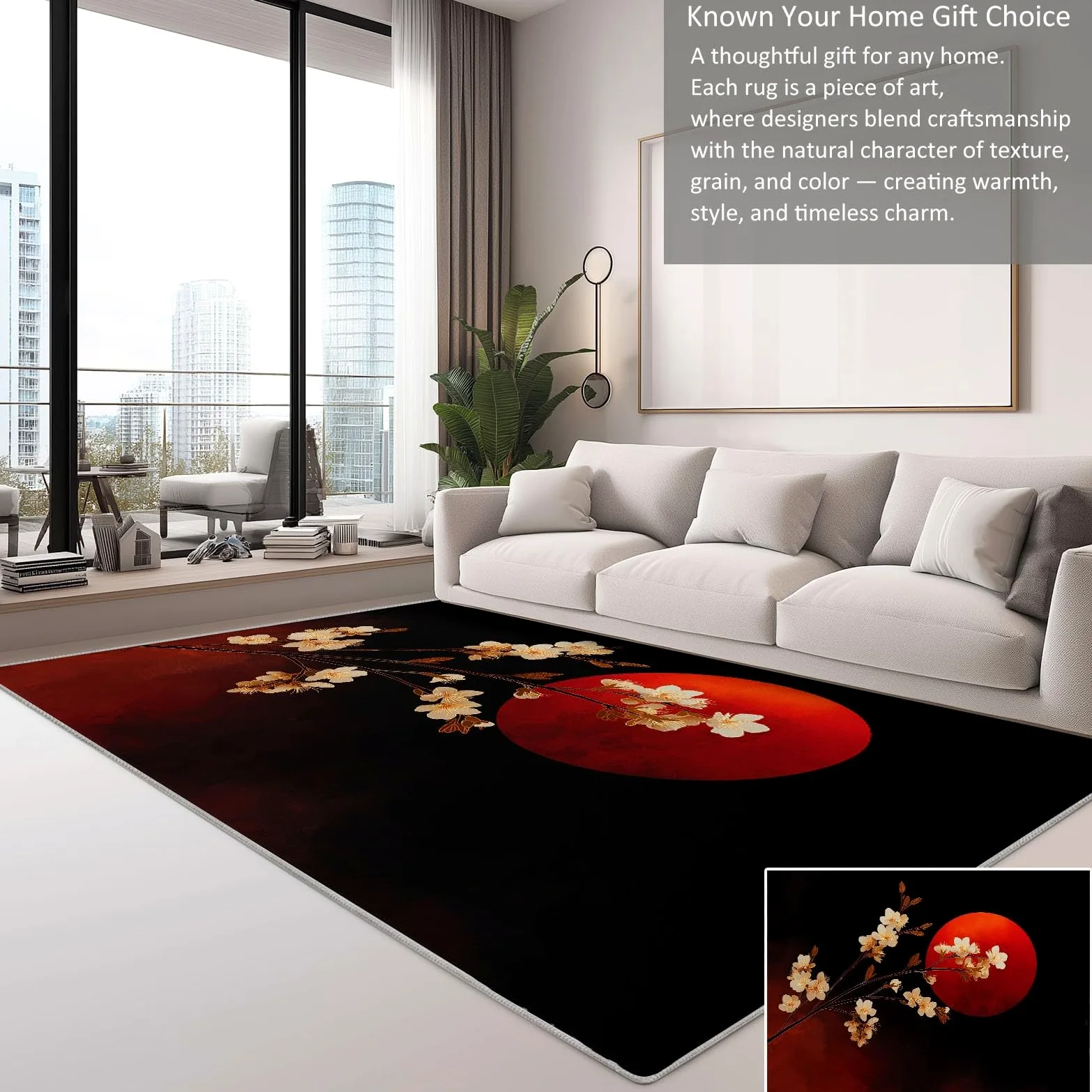 Antidérapante Tapis de Salon Chambre - Salon Super Doux Salle à Manger Faux Tapis en Laine, Motif Fleurs crème Soleil Rouge Style Japonais Rug Décoratif Résistant Lavable Noir et Rouge 120 x 180cm