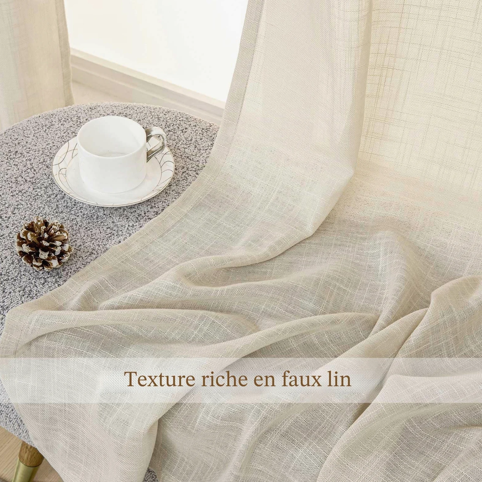 L.Z.E Rideau Beige Galon Fronceur Rideaux pour Salon avec Œillets Semi Transparent Chambre à Coucher Salle à Manger 245 cm Fenêtres 140 x 245 cm Lot de 2 100% Polyester Aspect de Lin