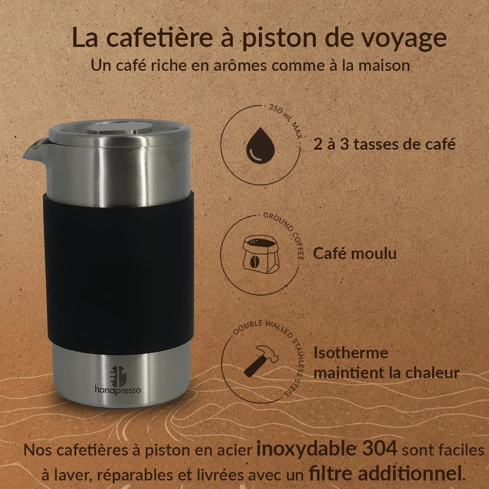 Handpresso Travel Press cafetiere a piston compacte INOX double paroi isolante 0,35 l 3 Tasses mini cafetiere portable voyage