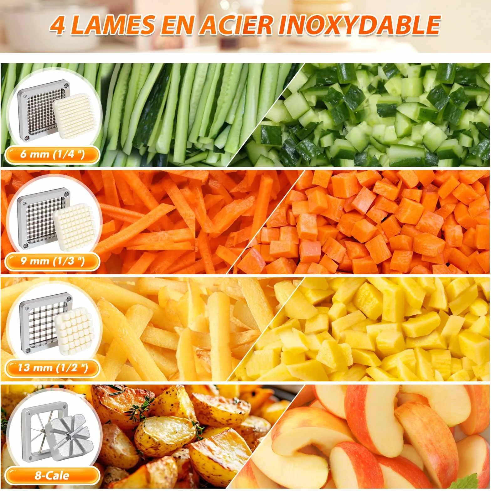 Anatole Coupe-Frites Lames Acier Inoxydable 6mm 9mm 13mm 8-Coin Trancheuse Légumes Commerciale