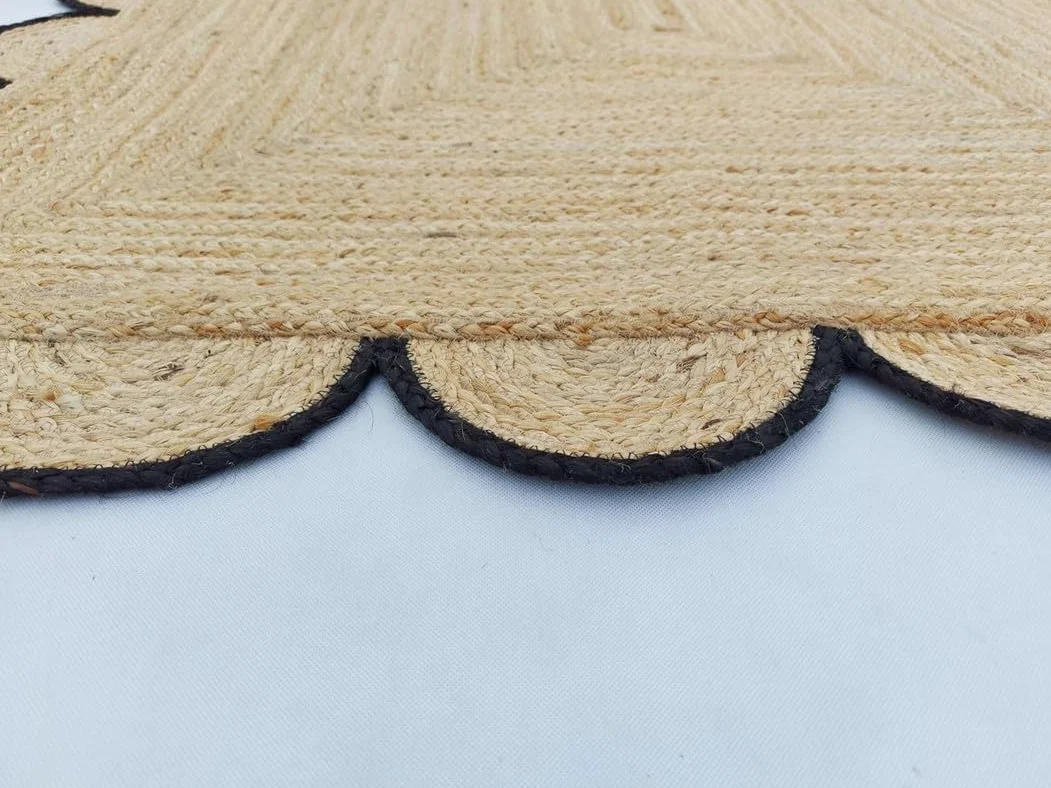 Tapis festonné en jute festonné de qualité supérieure avec bordure noire, style bohème festonné à la main pour salon, chambre à coucher, entrée, décoration d'intérieur bohème