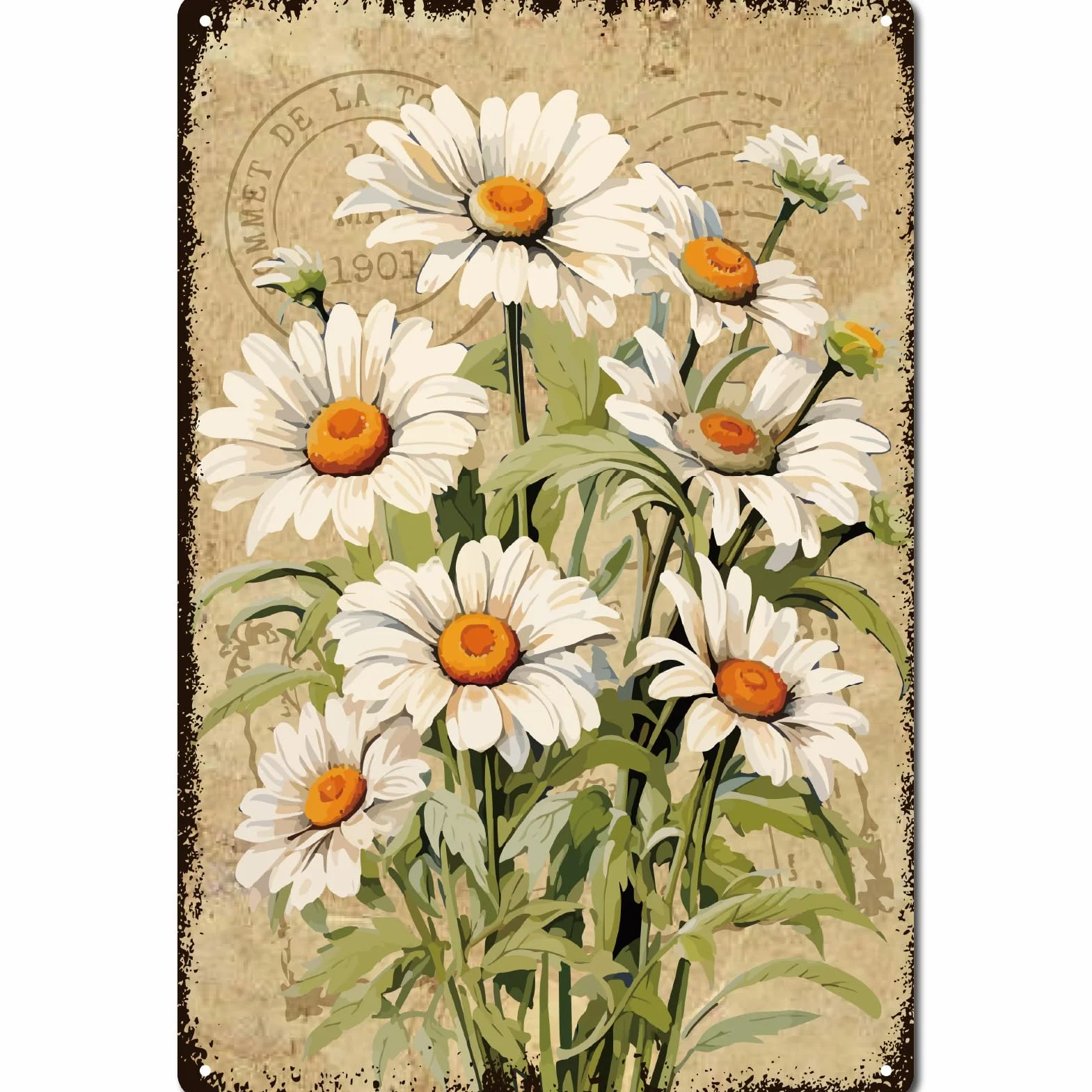 Panneau Métal Fleurs Étain Jardin Vintage Affiche Métal Marguerites 30x20cm