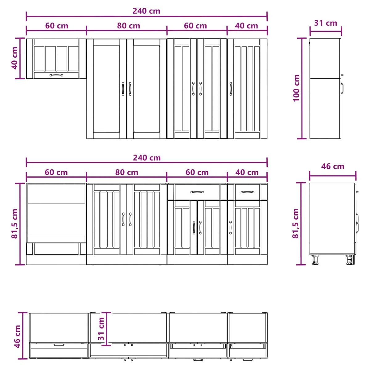 Lucca Lot de 8 armoires de cuisine en bois noir