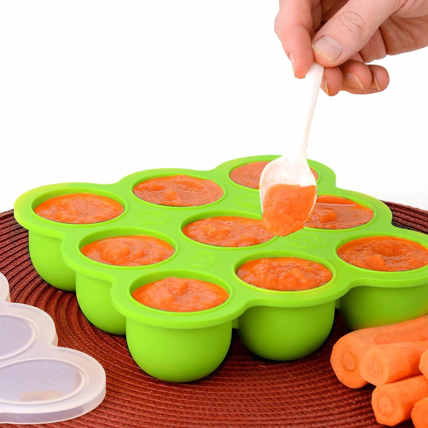 Récipient Nourriture Bébé 9 Pots Conservation Silicone avec Couvercle Vert