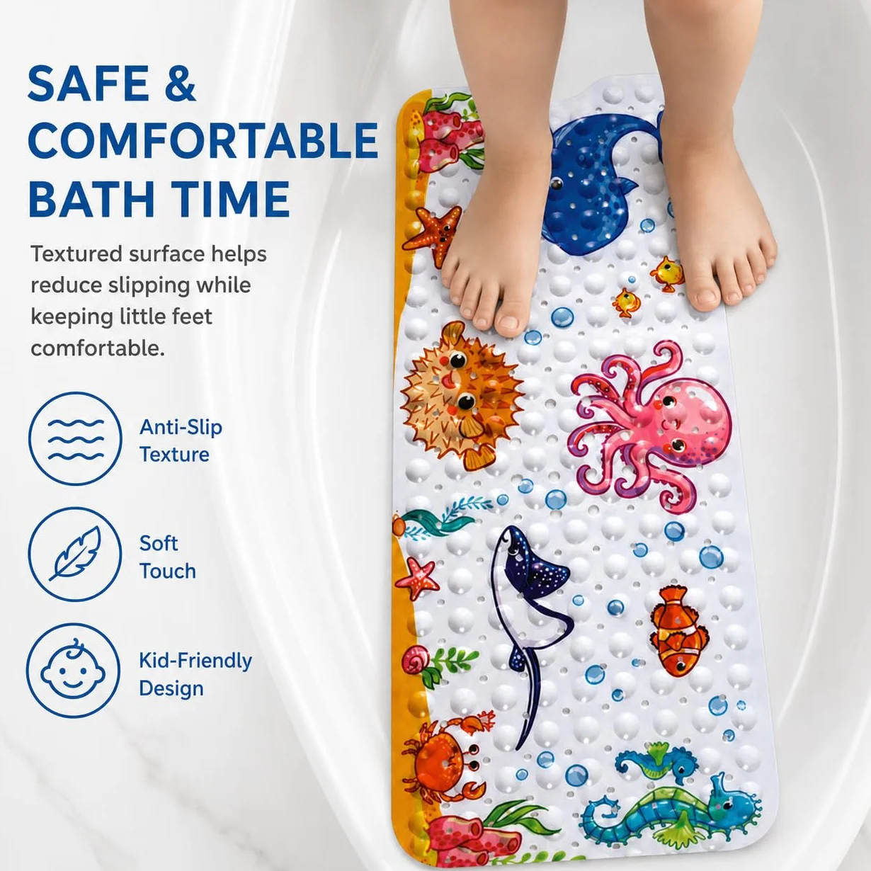 Tapis de Bain Antidérapant Bébé 100x40 cm Ventouses Motif Pieuvre Rose