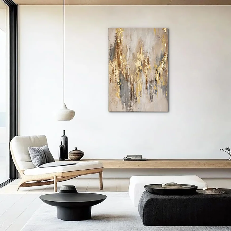 Peinture sur toile 70 x 50 cm - Structures dorées - Art abstrait - Décoration murale