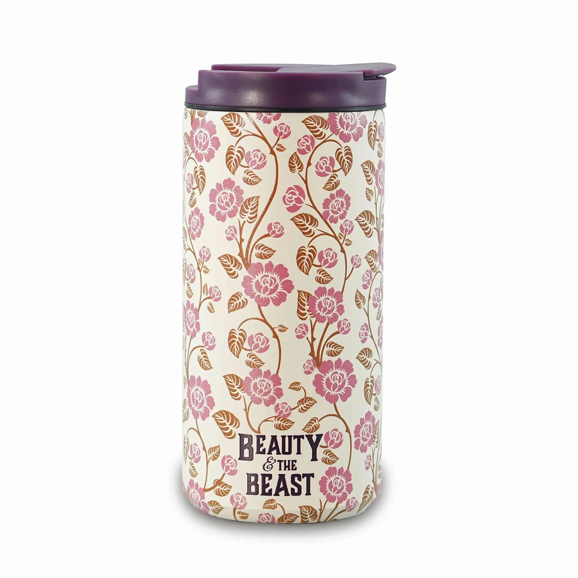 Half Moon Bay | La Belle et la Bête | Tasse de voyage isotherme réutilisable de 350 ml | Tasse à café thermique en acier inoxydable crème et mauve foncé | Collection littéraire haut de gamme | Cadeau
