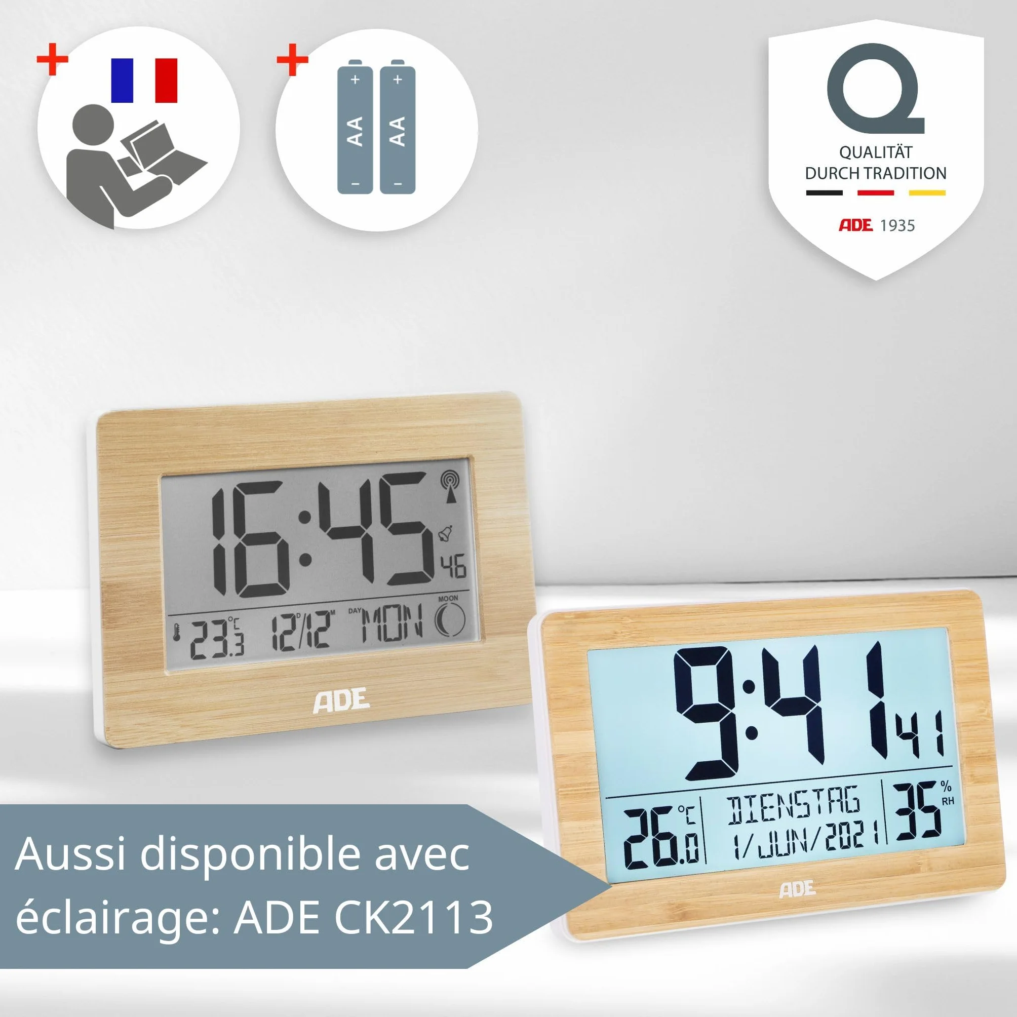 ADE Horloge Radio pilotée numérique Chiffres XXL Affichage température Design Moderne silencieuse Cadre Bois Bambou