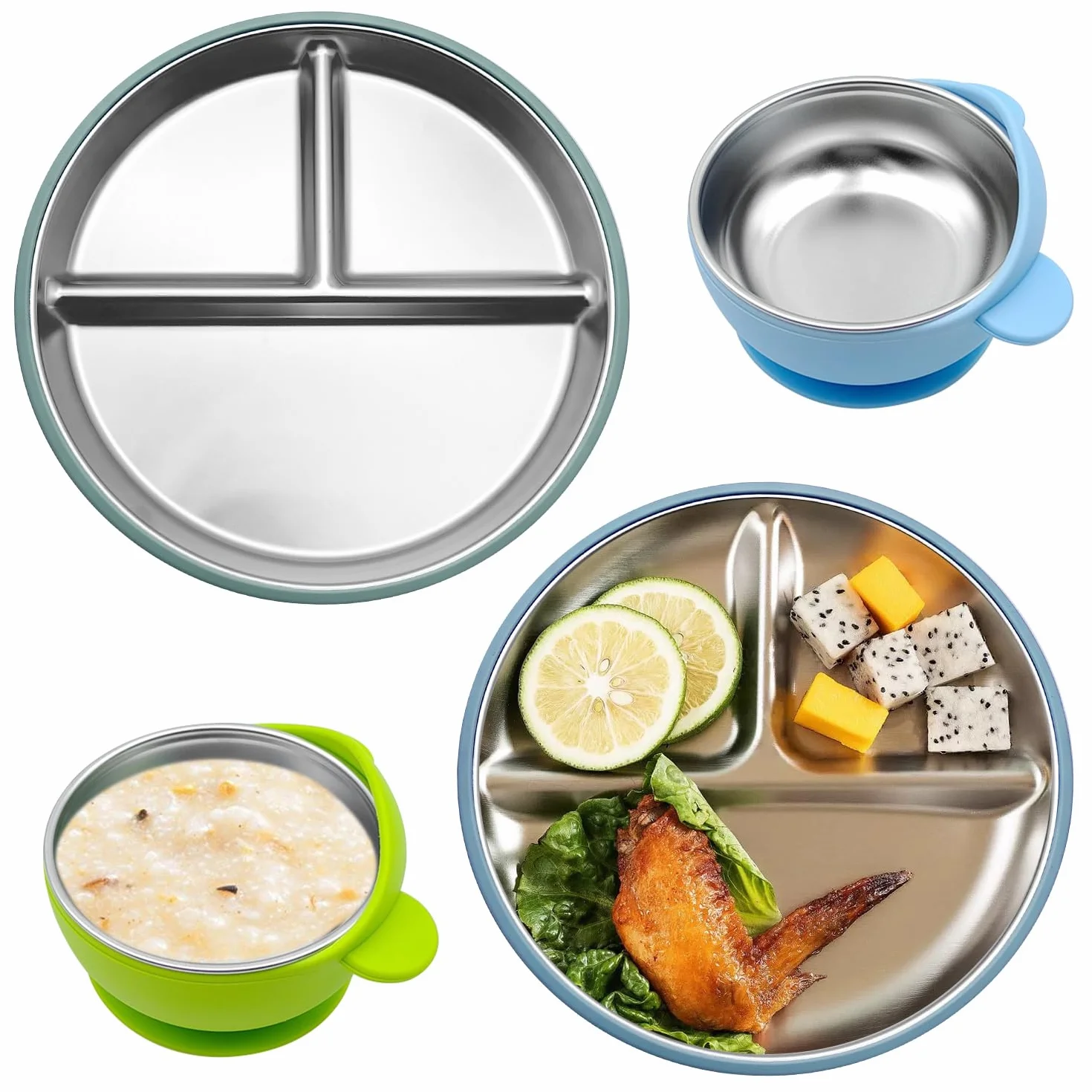 Assiette Bébé Ventouse et Bols en Acier Inoxydable et Silicone, Résistants aux Chutes, Lavables au Lave-Vaisselle, 4 Pièces, Bleu et Vert