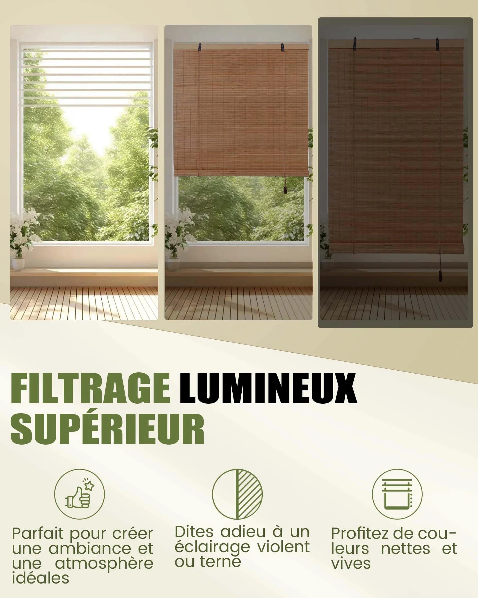 FoundGo Stores en bambou sans perçage - 100 x 120 cm (l x H) - Stores en bois rétro - Stores romains en bambou enroulables - Stores filtrant la lumière pour fenêtres d'intérieur