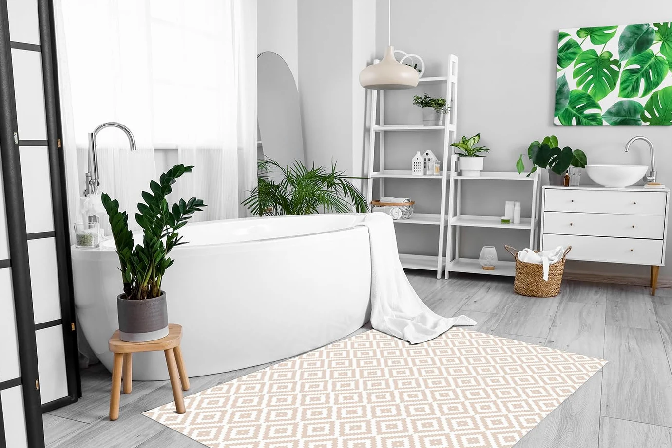 DobleUve Estudio Tapis Vinyle Géométrique | Beige | 65x200 cm | Tapis Cuisine | Tapis de Salon Antidérapant Antifongique Ignifuge | Tapis Enfants | Tapis Bain PVC | Tapis PVC