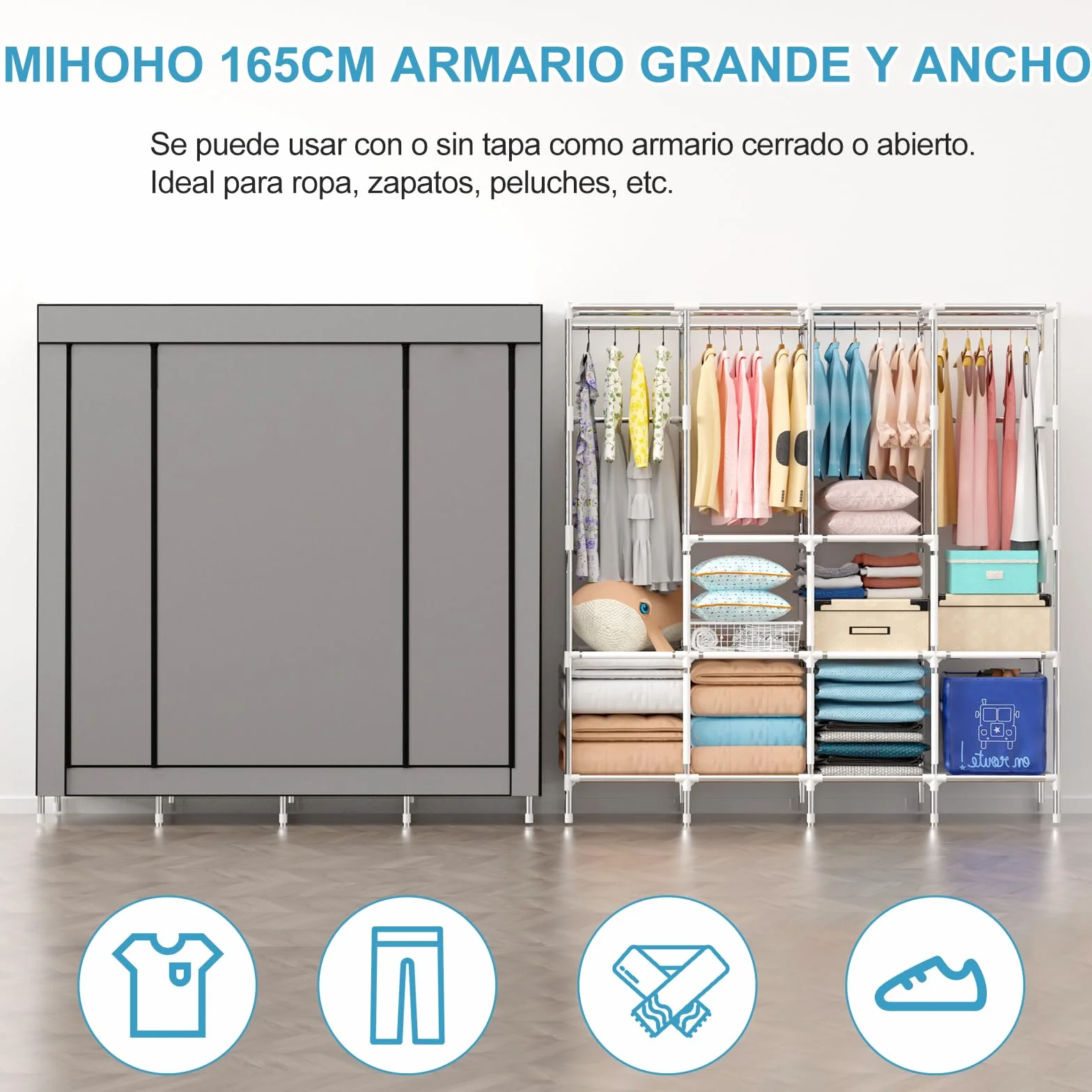 Mihoho Armoire à vêtements portable de 170 cm, organisateur de vêtements en métal, armoire autonome avec housse en tissu Oxford noir, 165 x 170 x 45 cm (gris, extra large)