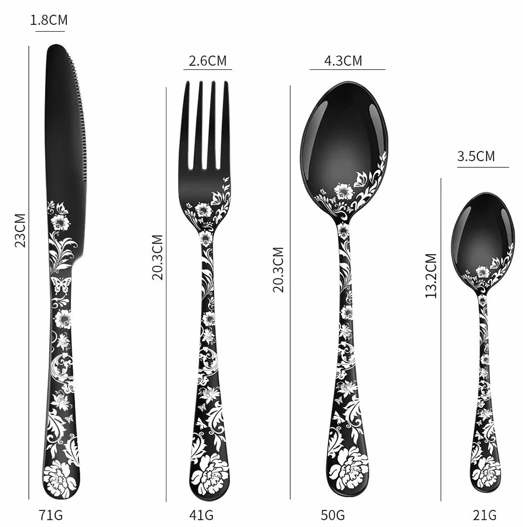XIAOYU Ensemble d'argenterie 24 pièces, service de couverts en acier inoxydable pour 6 personnes, motif de fleur de pivoine, ustensiles comprenant couteaux/fourchettes/cuillères, Le Rainbow
