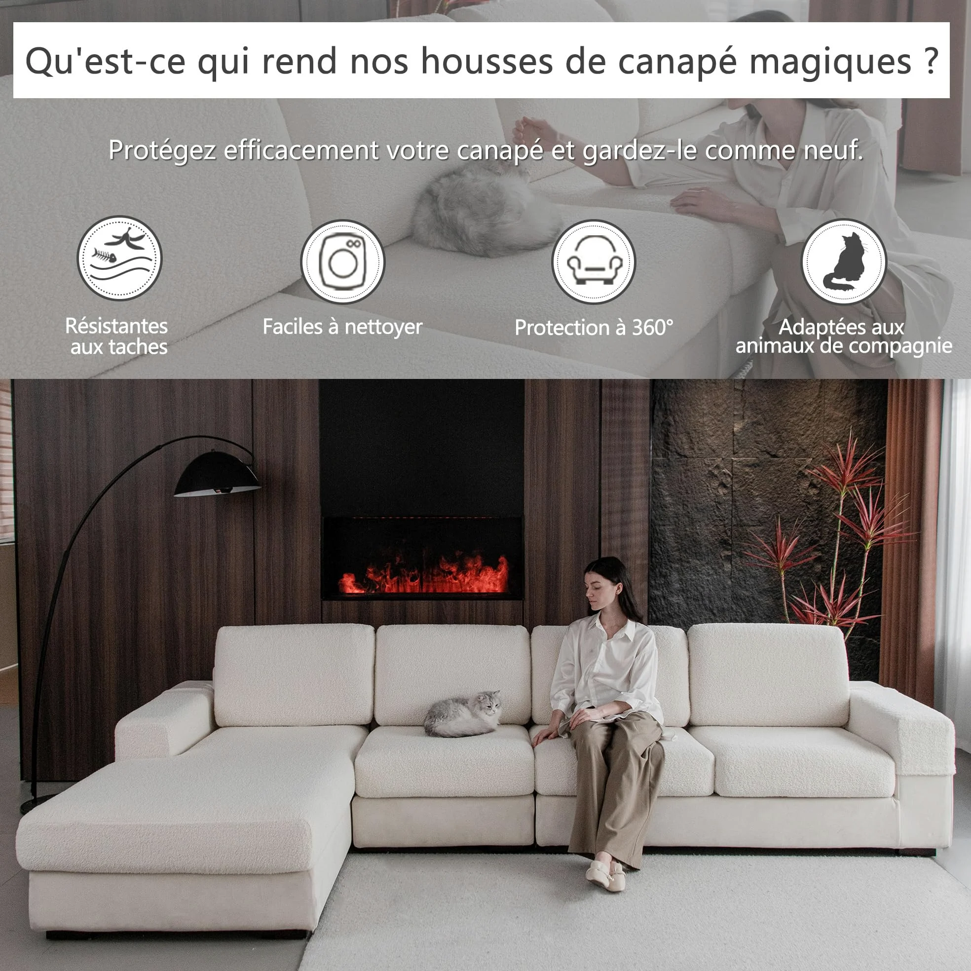 OHSIO Housse de canapé - Haute élasticité et antidérapante - Lavable et adaptée aux Animaux de Compagnie - Résistante - Ivoire - 2 Housses de siège S + 1 Housse de Chaise Longue