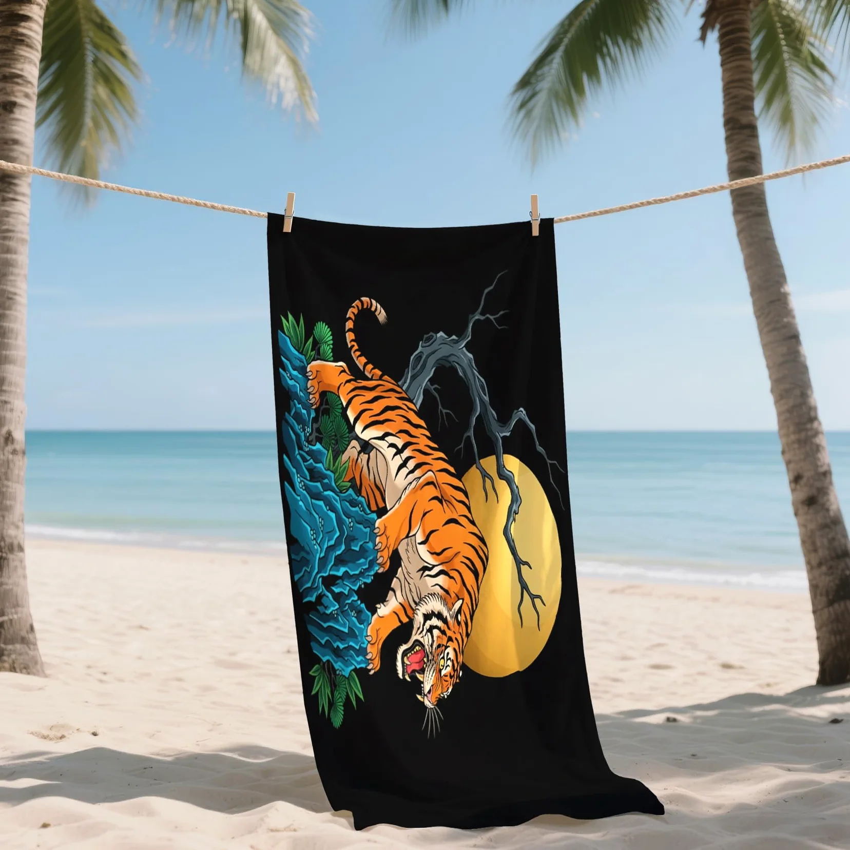 Serviette de Plage XXL Microfibre Tigre Style Asiatique Japonais, Drap de Plage Séchage Rapide Anti Sable & Légère, Serviette de Bain Grande Taille 150x200 cm, Accessoire & Cadeau été