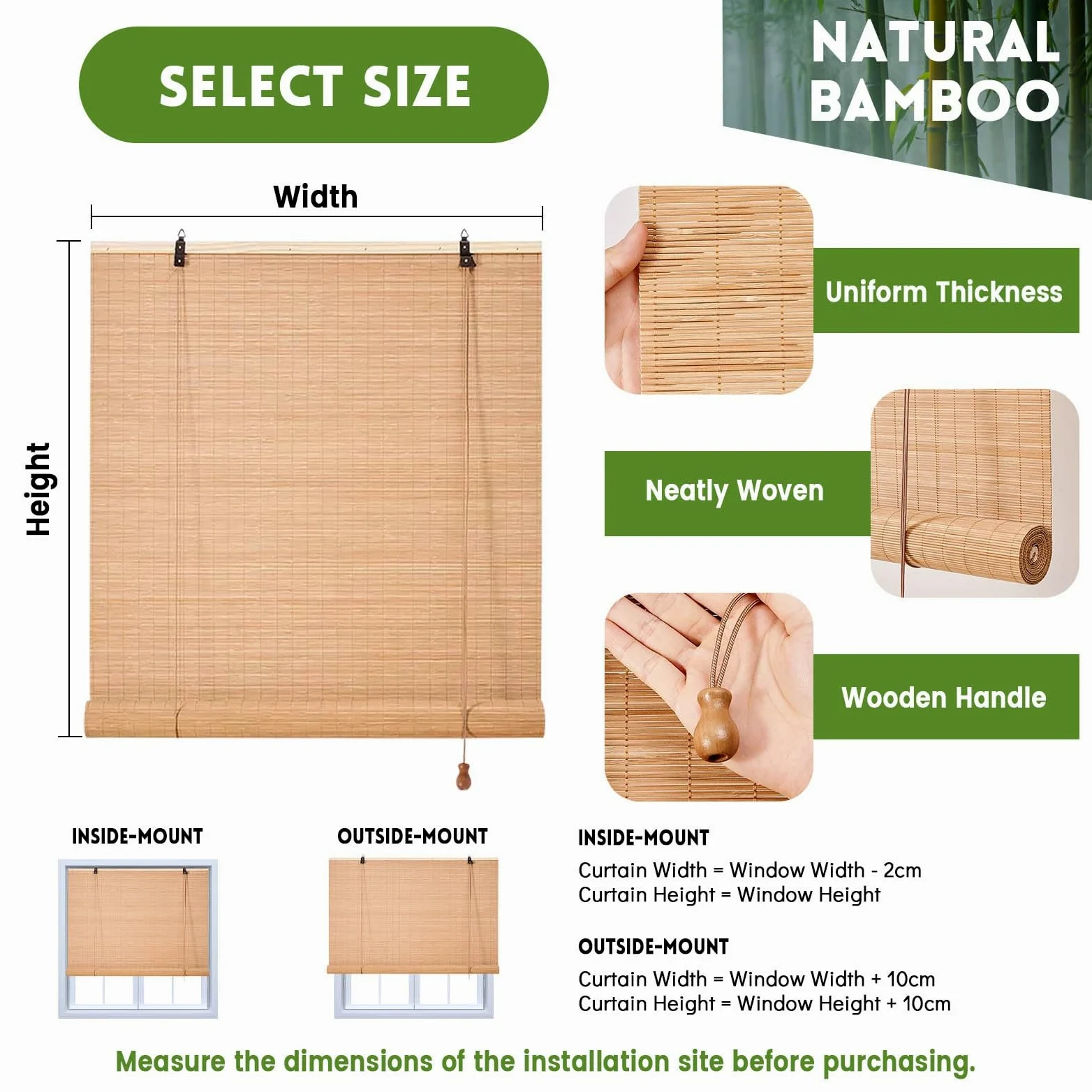 Store Bambou Exterieur Intérieur 70% Occultant 45-180cm Store Enrouleur Roseau Naturel Anti-UV Stores Vénitien en Bois pour Patio/Porche/Jardin Stores Romains Faciles à Installer(W150xH150cm)