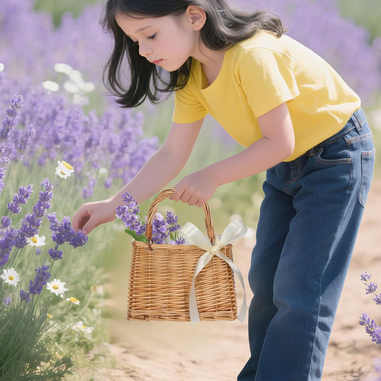 Cabilock Panier à main en osier naturel tissé à la main pour fille avec ruban blanc