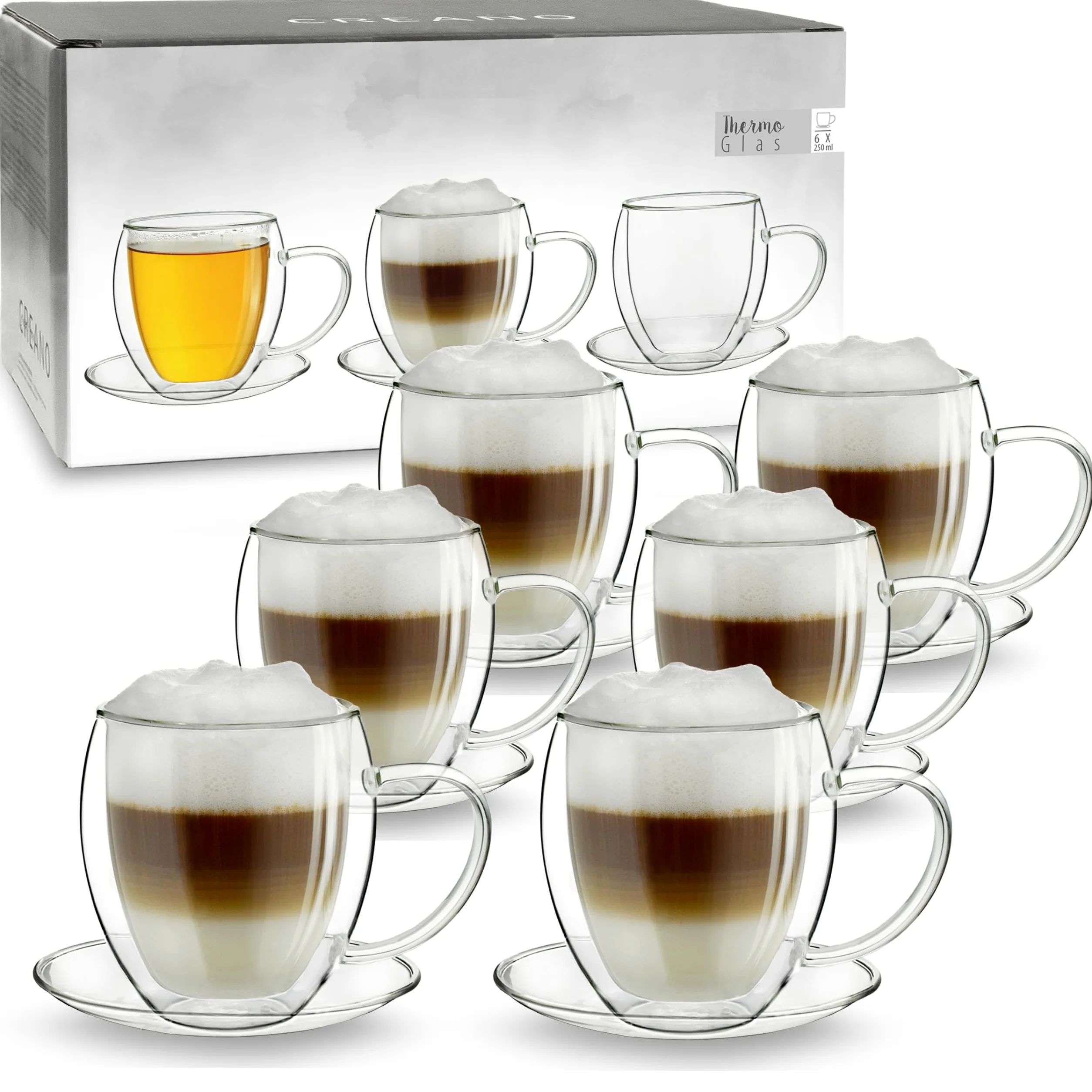 Creano Lot de 6 Tasses à Thé Double Paroi 250ml avec Soucoupes – Grand Set de Service Thermique Bombé en Verre Borosilicate – Idéal pour Gastronomie & Famille